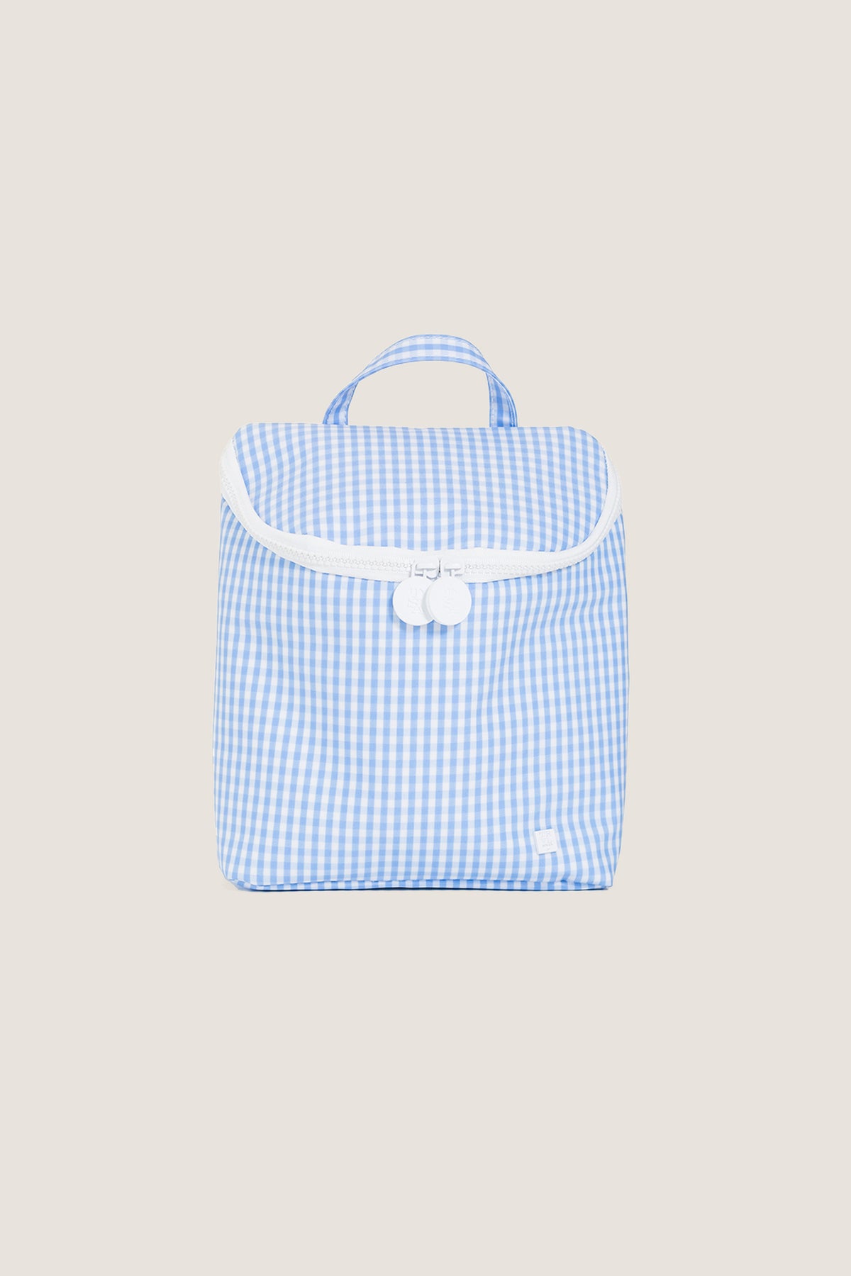 Gingham Sky Take Away Insulated Lunch Bag, a classic, fun tote with a blue-and-white gingham pattern, featuring an effortless short handle and high-end dual-tab zipper.
