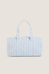 Floral Blue Ribbon Weekender Duffel Bag with classic blue and white stripes, tiny floral motifs, and effortless two-way zipper, exudes fun and high-end practicality.