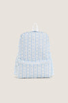 Floral Blue Ribbon Backpack featuring classic light-blue scalloped stripes and tiny floral sprigs, with an effortless front zip pocket and fun white carry-loop for high-end style.