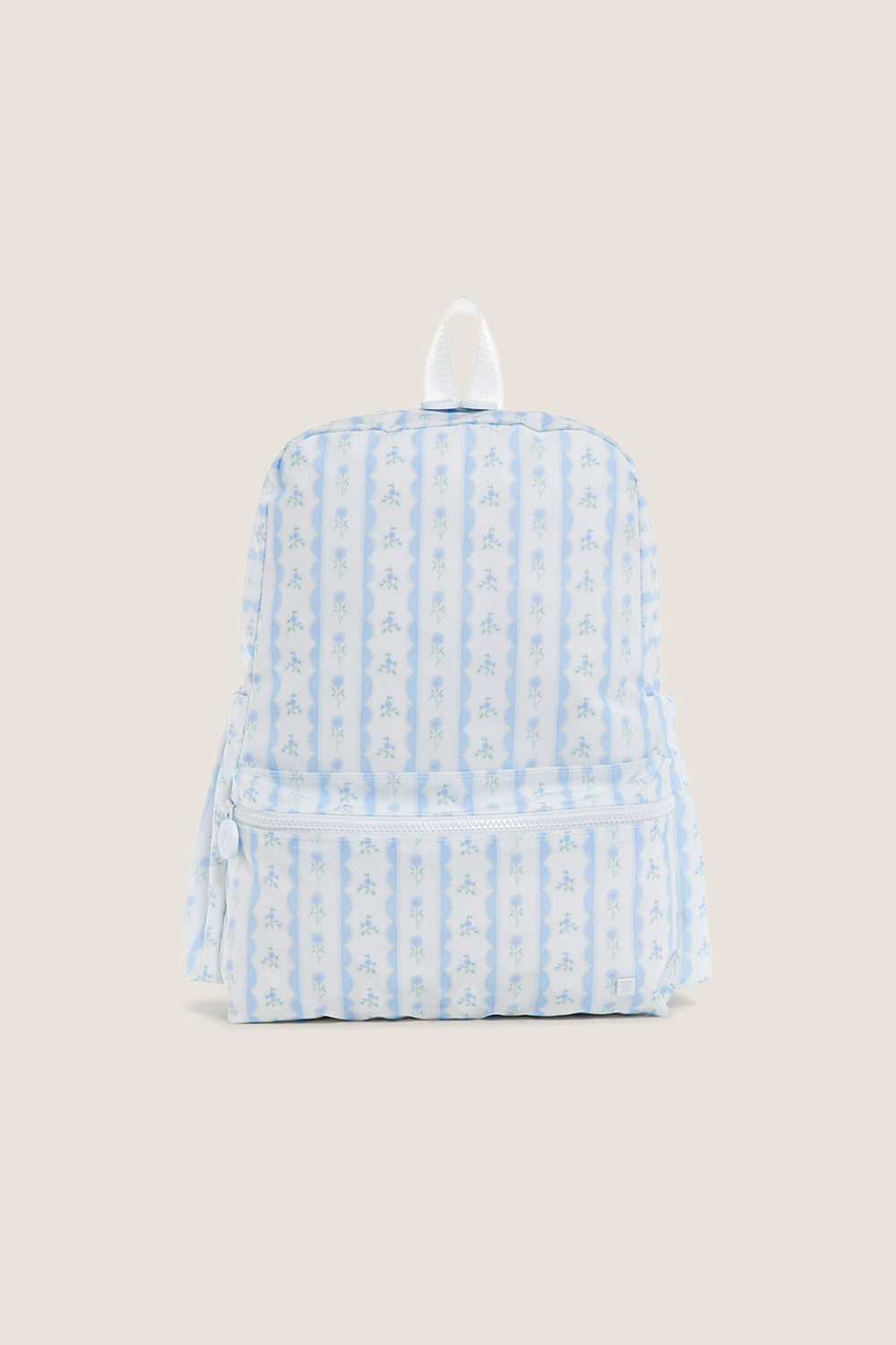 Floral Blue Ribbon Backpack featuring classic light-blue scalloped stripes and tiny floral sprigs, with an effortless front zip pocket and fun white carry-loop for high-end style.