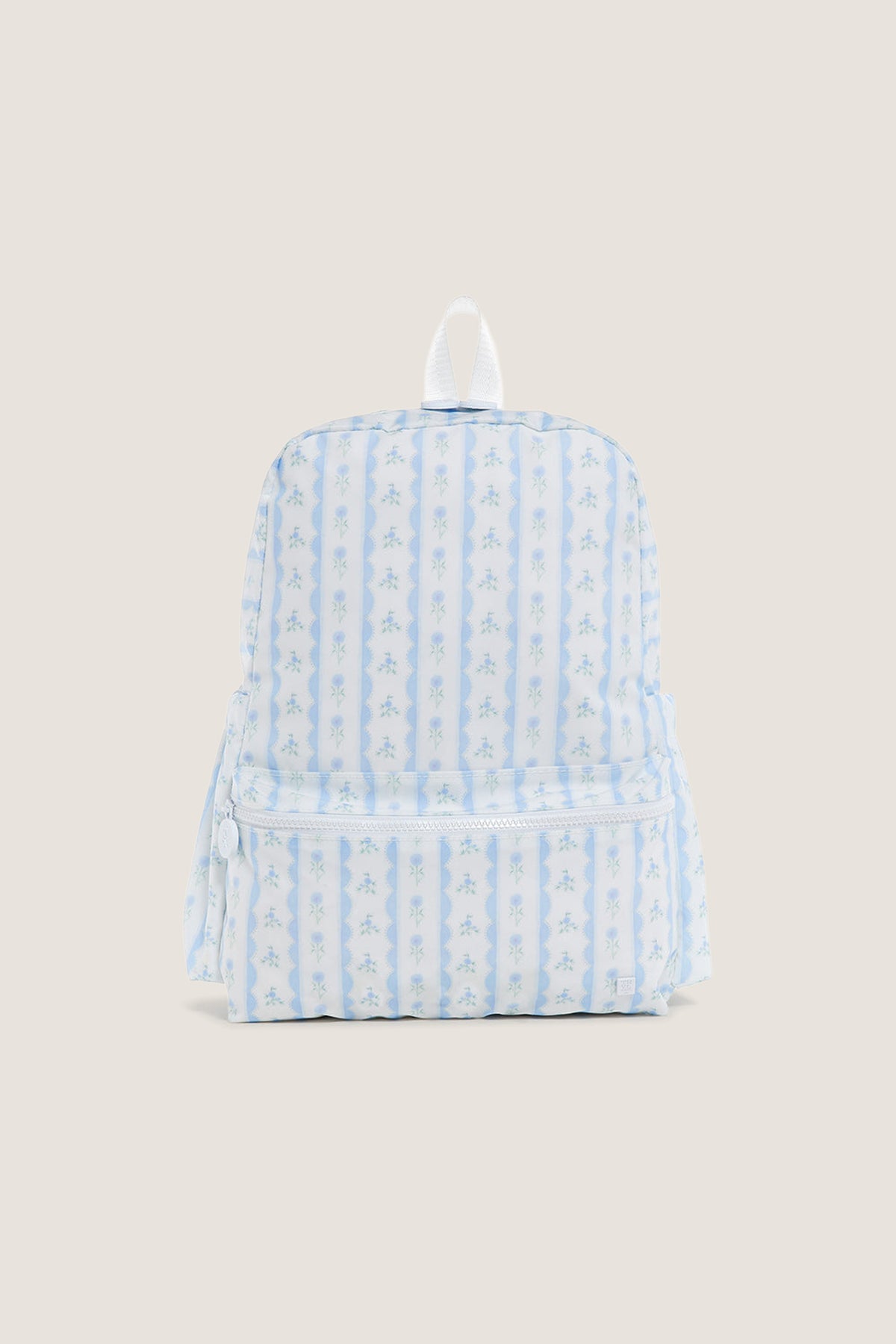 Floral Blue Ribbon Backpack featuring classic light-blue scalloped stripes and tiny floral sprigs, with an effortless front zip pocket and fun white carry-loop for high-end style.