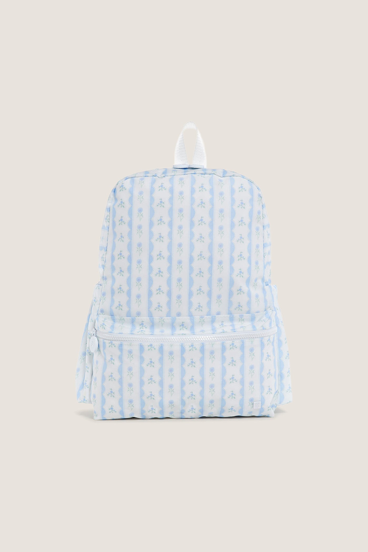 Floral Blue Ribbon Backpack featuring classic light-blue scalloped stripes and tiny floral sprigs, with an effortless front zip pocket and fun white carry-loop for high-end style.