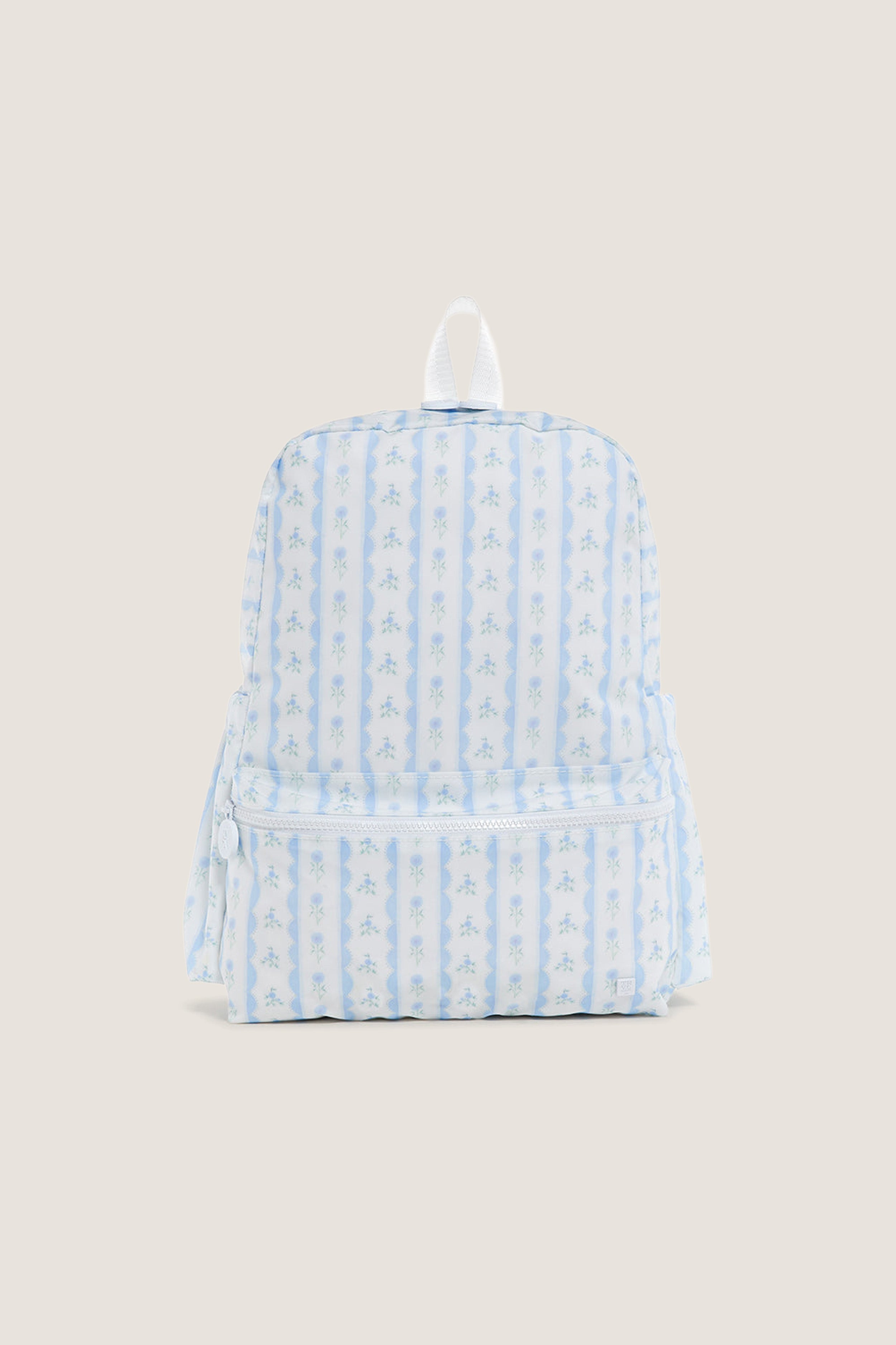 Floral Blue Ribbon Backpack featuring classic light-blue scalloped stripes and tiny floral sprigs, with an effortless front zip pocket and fun white carry-loop for high-end style.