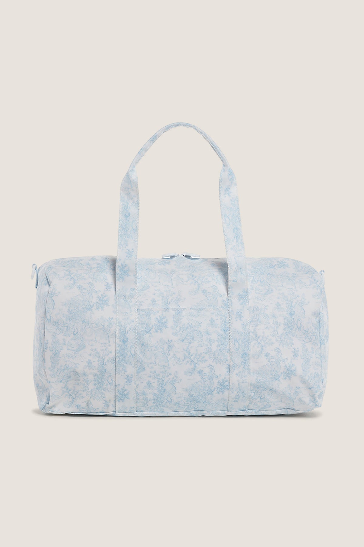 Blue Bunny Toile Weekender Duffel Bag, a classic, fun, and effortless travel tote with detachable strap, water-resistant finish, and interior mesh pocket, perfect for high-end getaways.
