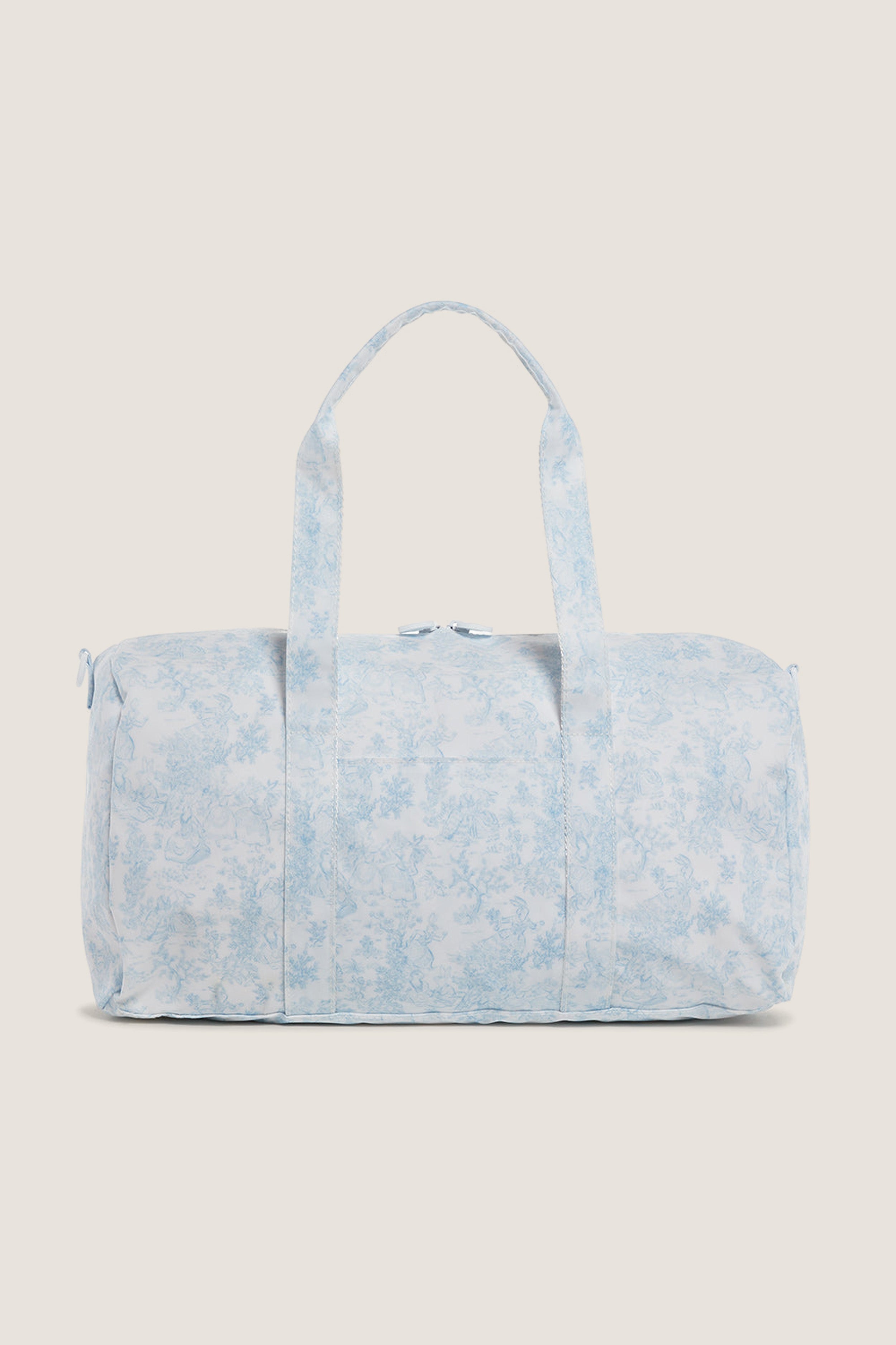 Blue Bunny Toile Weekender Duffel Bag, a classic, fun, and effortless travel tote with detachable strap, water-resistant finish, and interior mesh pocket, perfect for high-end getaways.