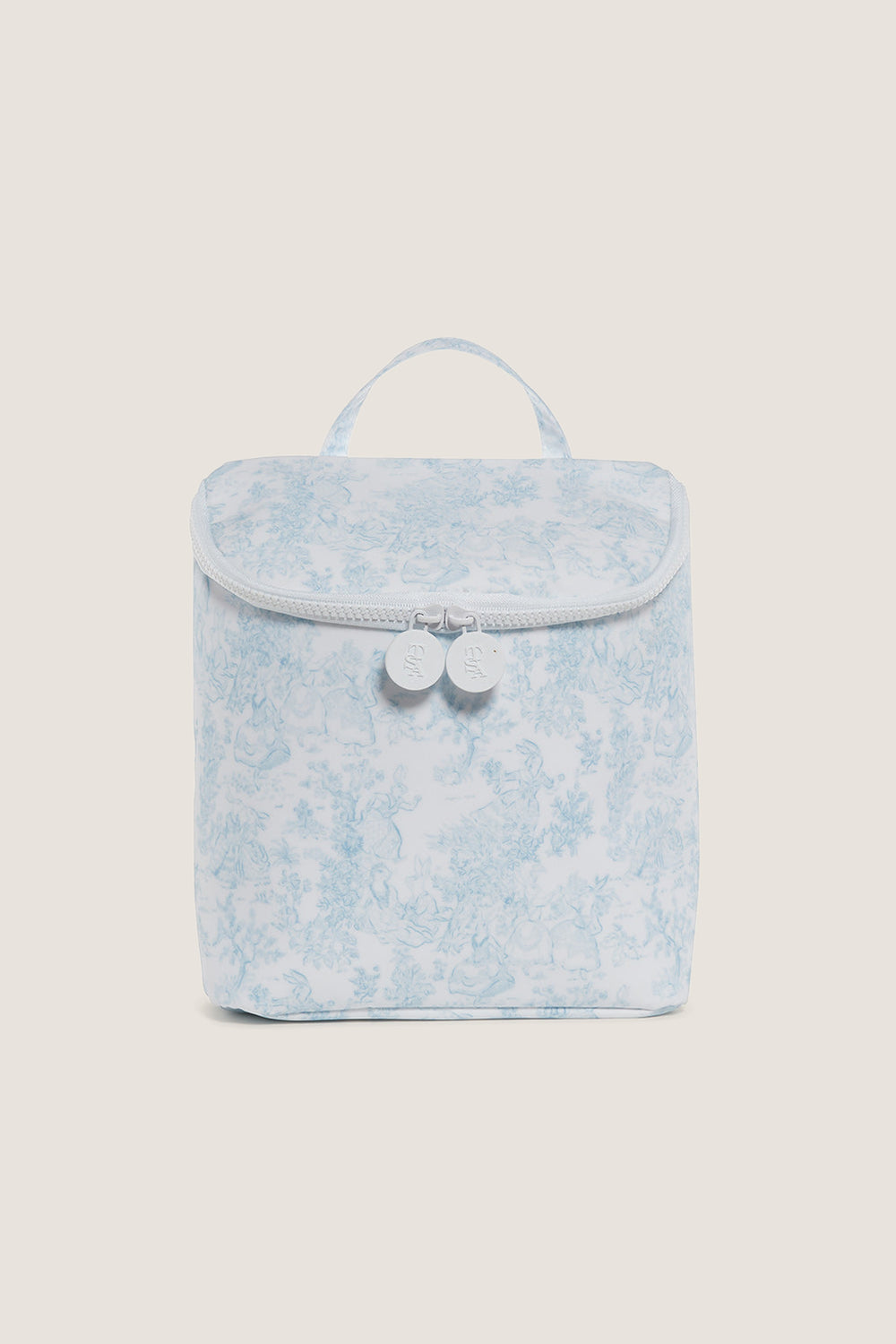 Blue Bunny Toile Take Away Insulated Lunch Bag, a classic, effortless accessory with a fun design, featuring embossed zippers and a handy carry-handle, embodying high-end practicality.