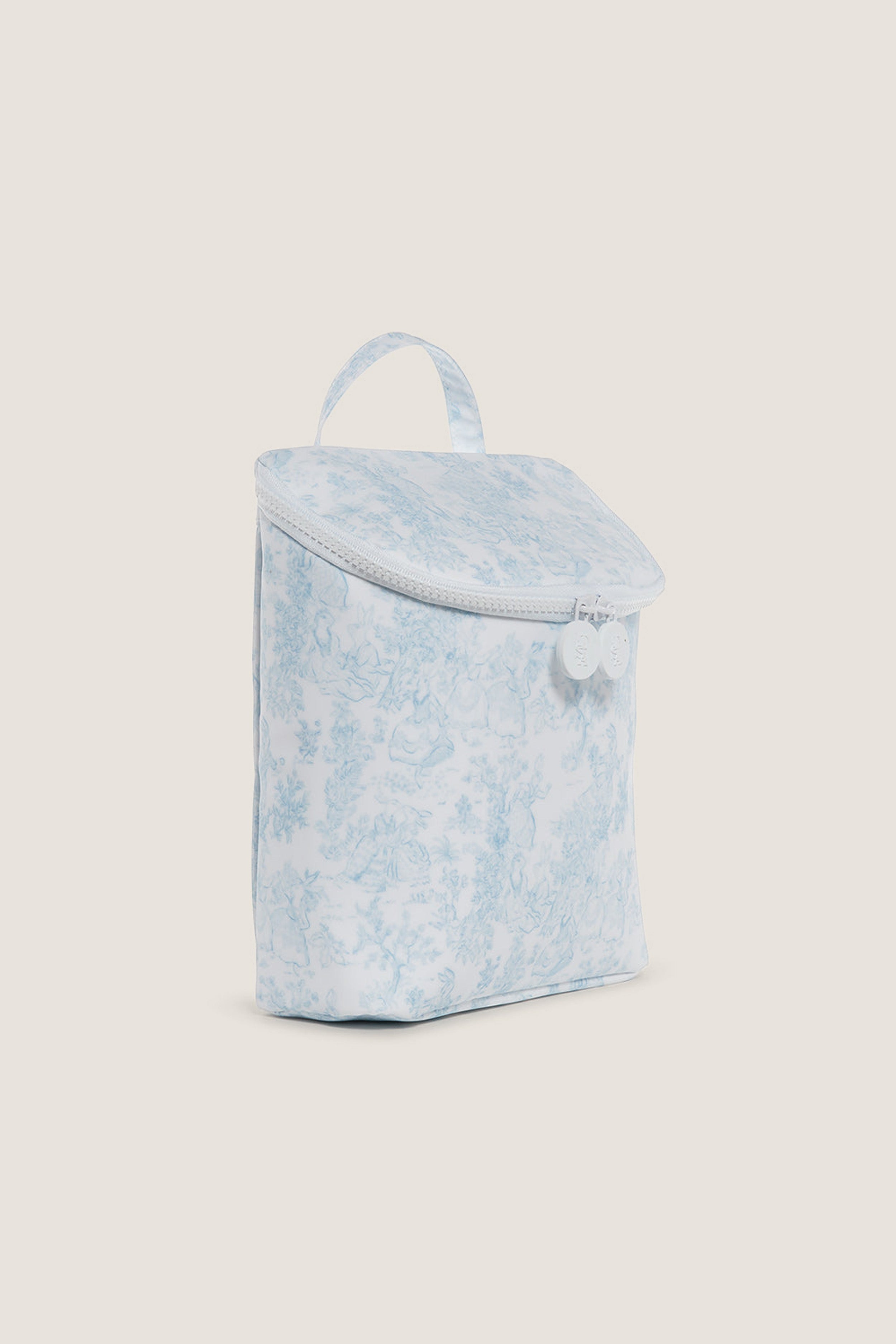 Blue Bunny Toile Take Away Insulated Lunch Bag, a classic and effortless tote with dual zippers, perfect for carrying snacks or cosmetics in high-end style.
