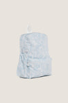 Blue Bunny Toile Backpack, a classic, high-end, and effortless design featuring a fun toile pattern, adjustable padded straps, roomy compartments, and elastic side pockets for practical, stylish use.