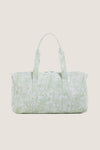 Green Bunny Toile Weekender Duffel Bag with classic toile print, twin handles, and a detachable strap; designed for effortless, fun travel with high-end practicality.