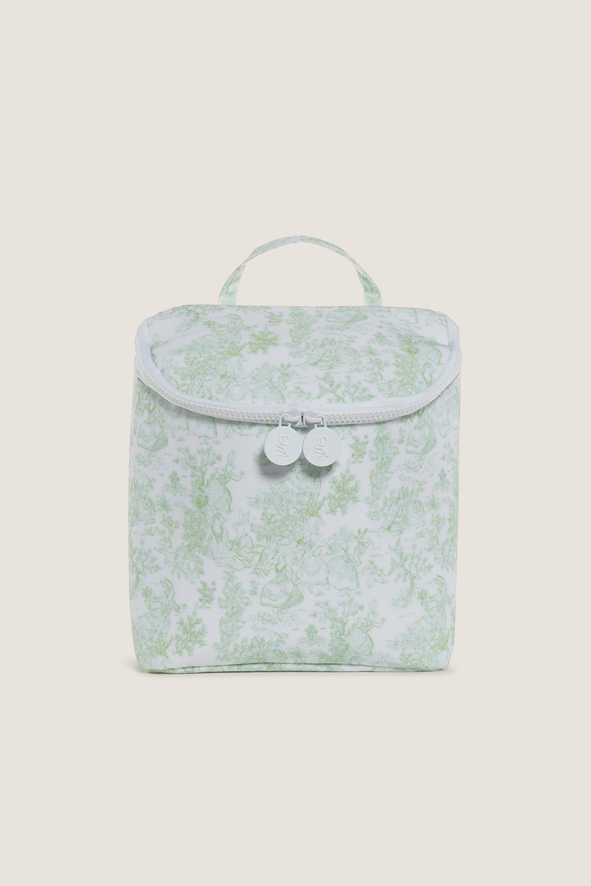 Green Bunny Toile Take Away Insulated Lunch Bag: A classic, high-end zip-up pouch with an effortless pale green toile pattern, featuring dual zippers and a convenient top handle.