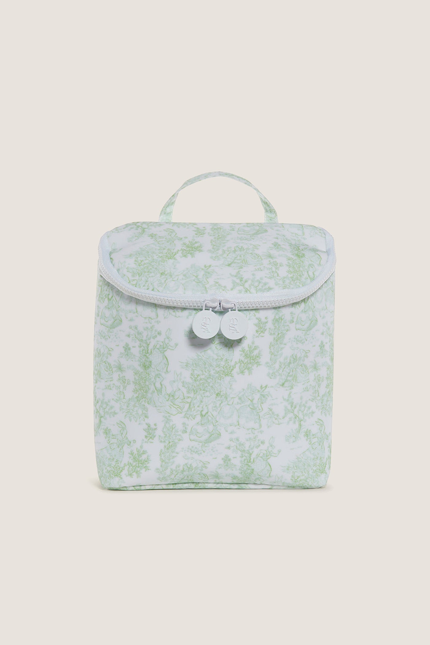 Green Bunny Toile Take Away Insulated Lunch Bag: A classic, high-end zip-up pouch with an effortless pale green toile pattern, featuring dual zippers and a convenient top handle.