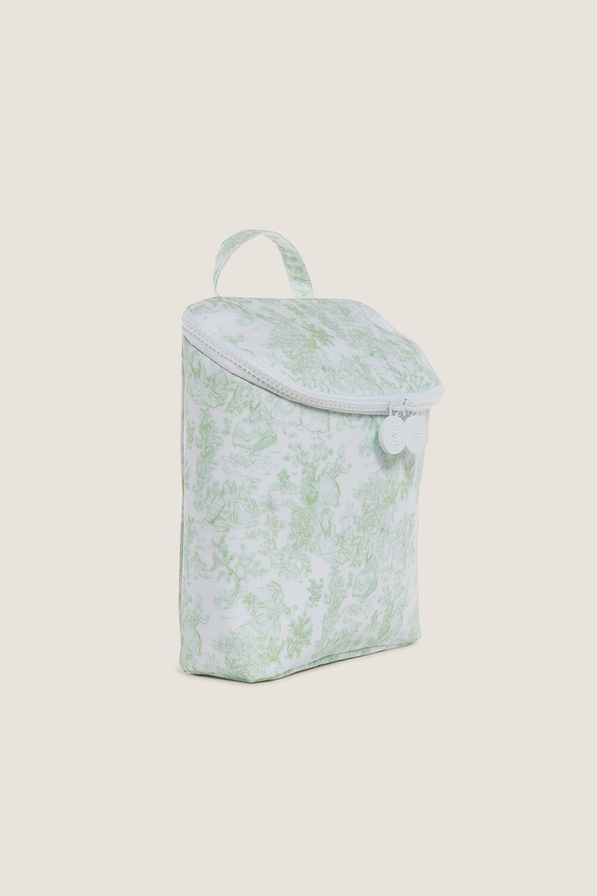 Green Bunny Toile Take Away Insulated Lunch Bag, featuring classic pale green toile print, top zipper, and handle loop, offers effortless style for fun, high-end portability.