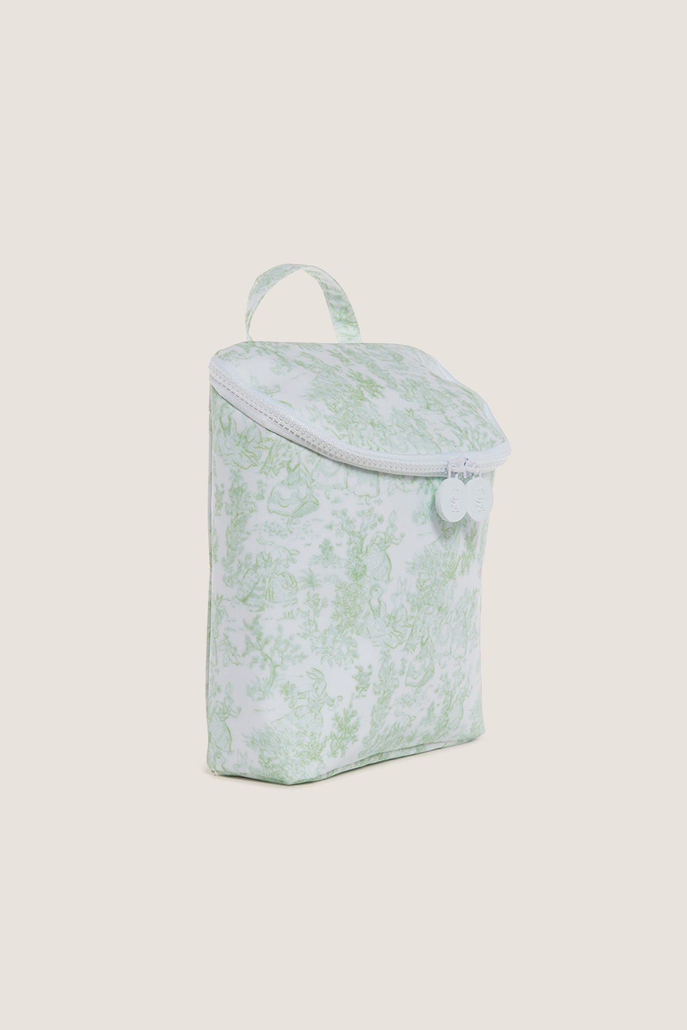 Green Bunny Toile Take Away Insulated Lunch Bag, featuring classic pale green toile print, top zipper, and handle loop, offers effortless style for fun, high-end portability.