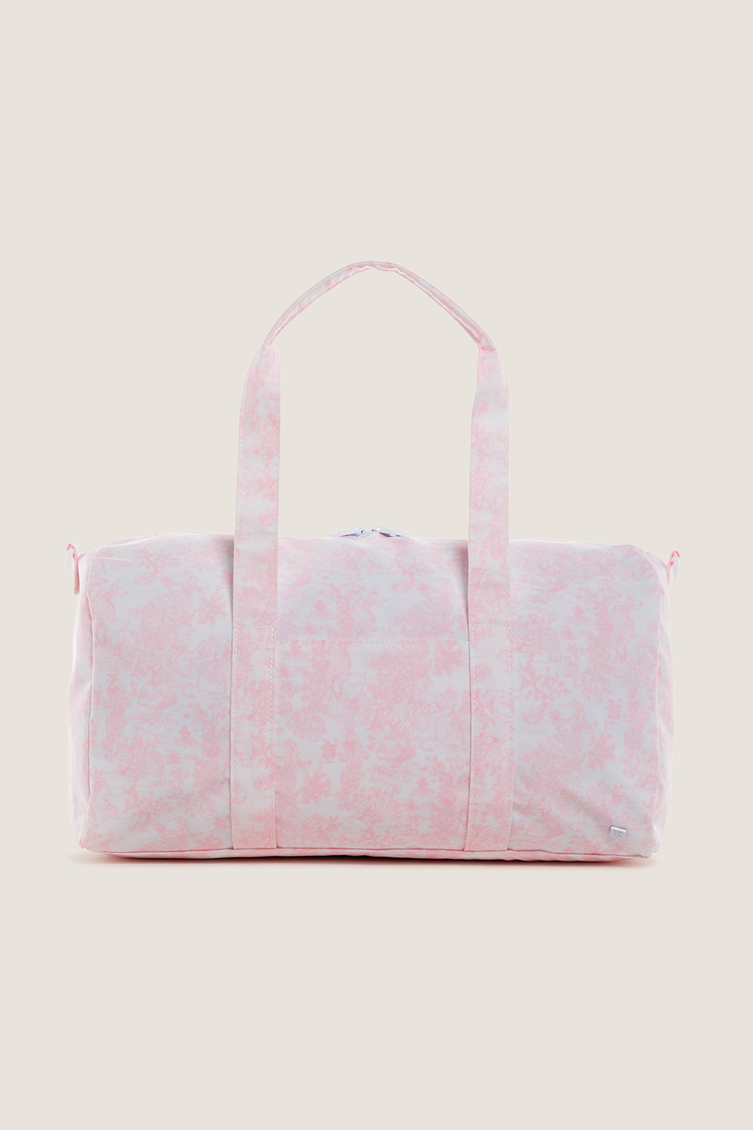 Pink Bunny Toile Weekender Duffel Bag: A classic, effortlessly stylish travel essential with soft-textured marbled design, dual handles, and playful practicality for fun, high-end getaways.