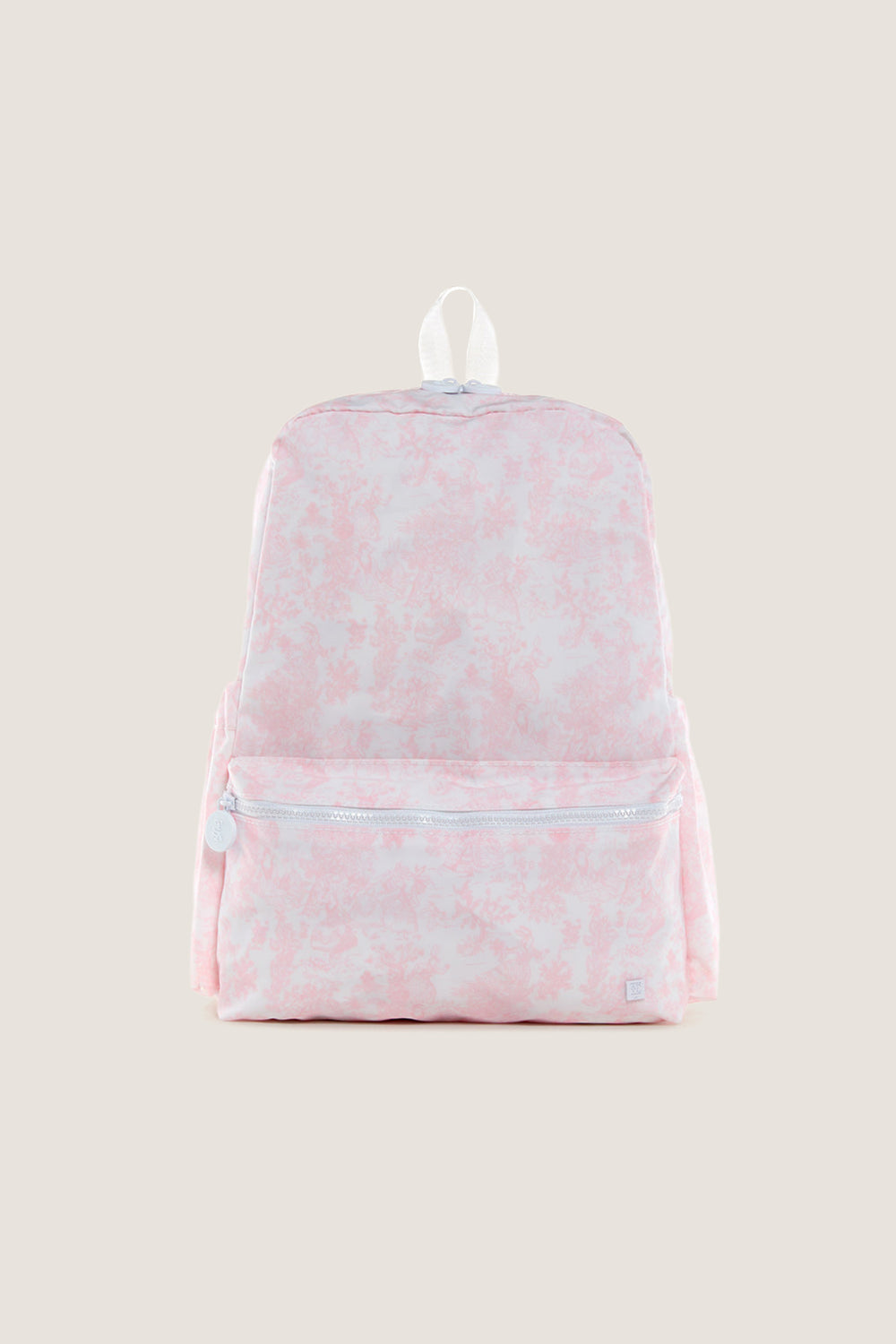 Pink Bunny Toile Backpack featuring a classic, effortless design with a front zip pocket and top carry-handle, ideal for a fun and high-end day out.