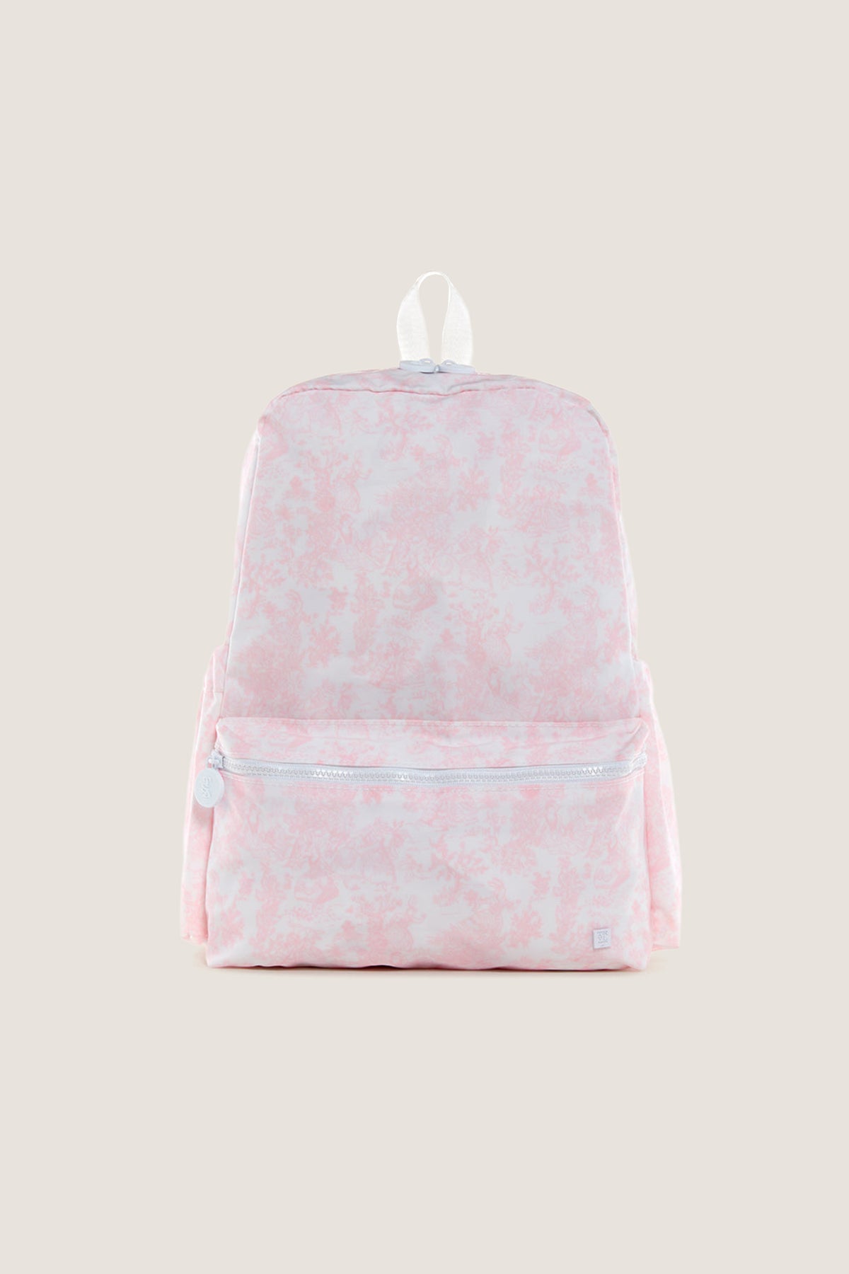 Pink Bunny Toile Backpack featuring a classic, effortless design with a front zip pocket and top carry-handle, ideal for a fun and high-end day out.