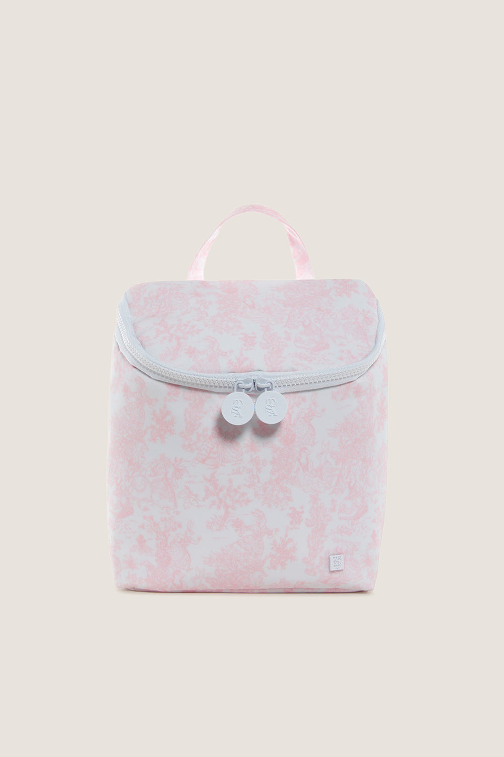 Pink Bunny Toile Take Away Insulated Lunch Bag with a classic boxy shape, top handle, and dual zipper pulls, offering an effortless, fun, and high-end style.