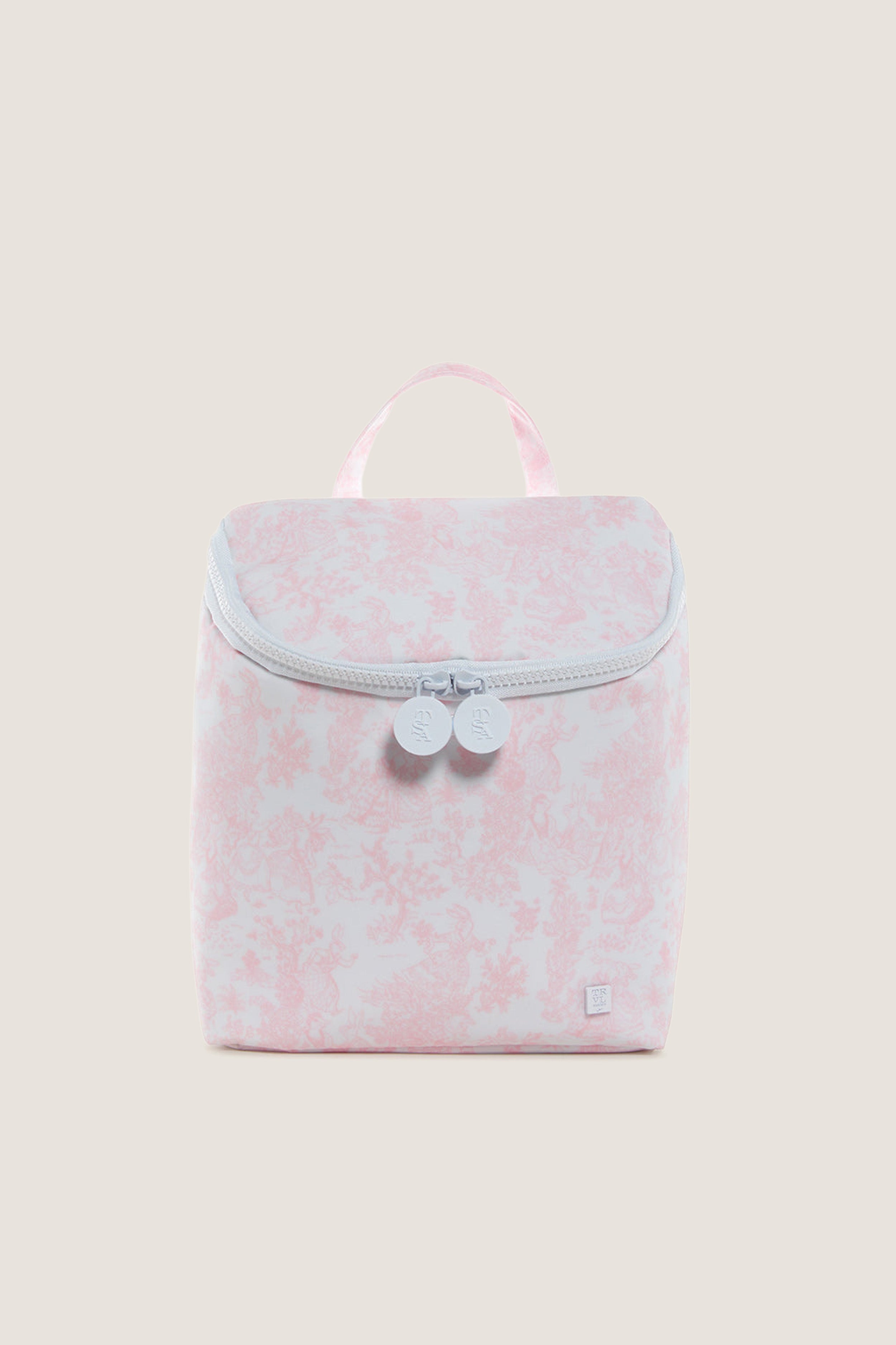 Pink Bunny Toile Take Away Insulated Lunch Bag with a classic boxy shape, top handle, and dual zipper pulls, offering an effortless, fun, and high-end style.