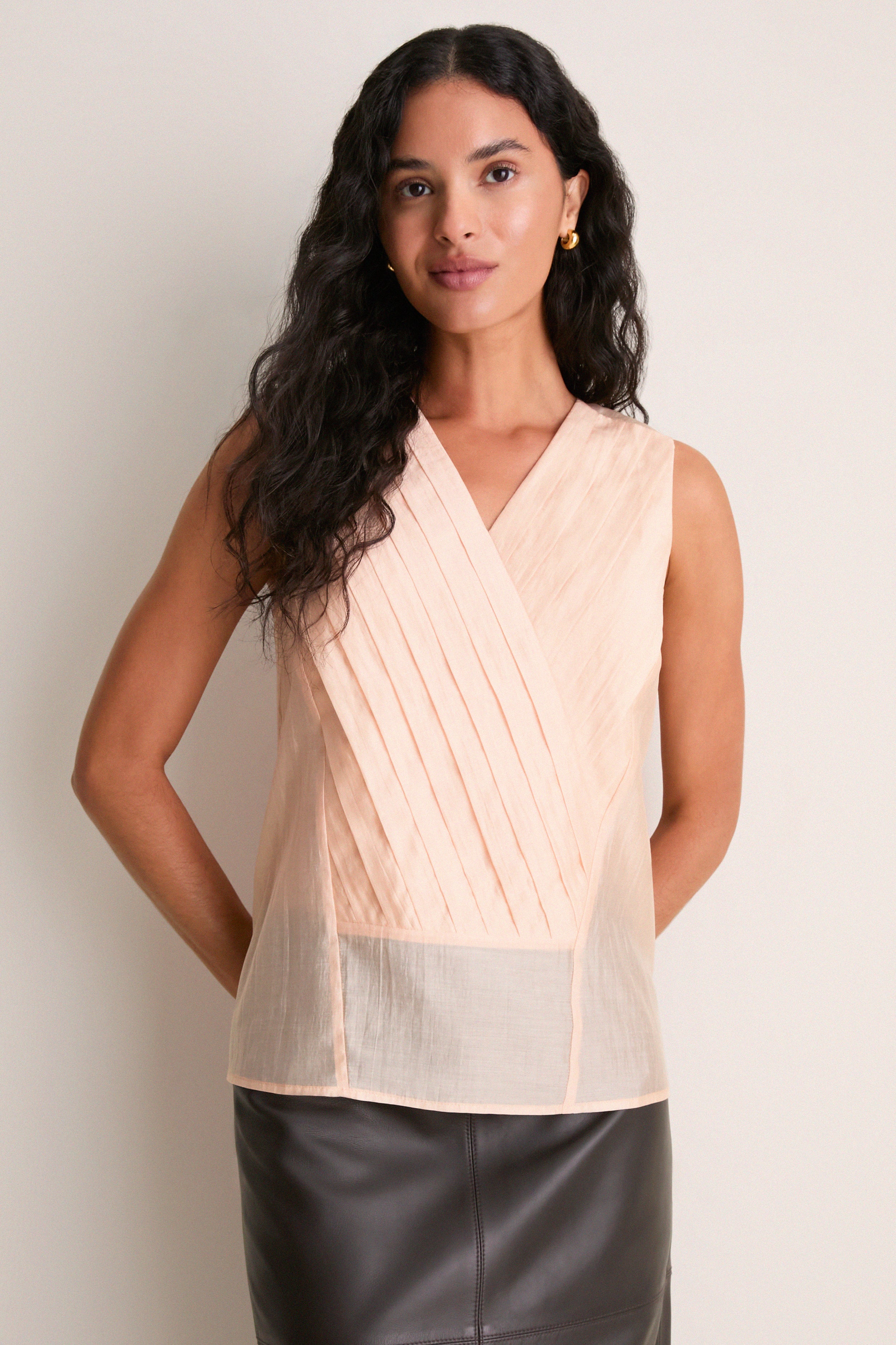 Peach Pleated Organza Pembroke Blouse