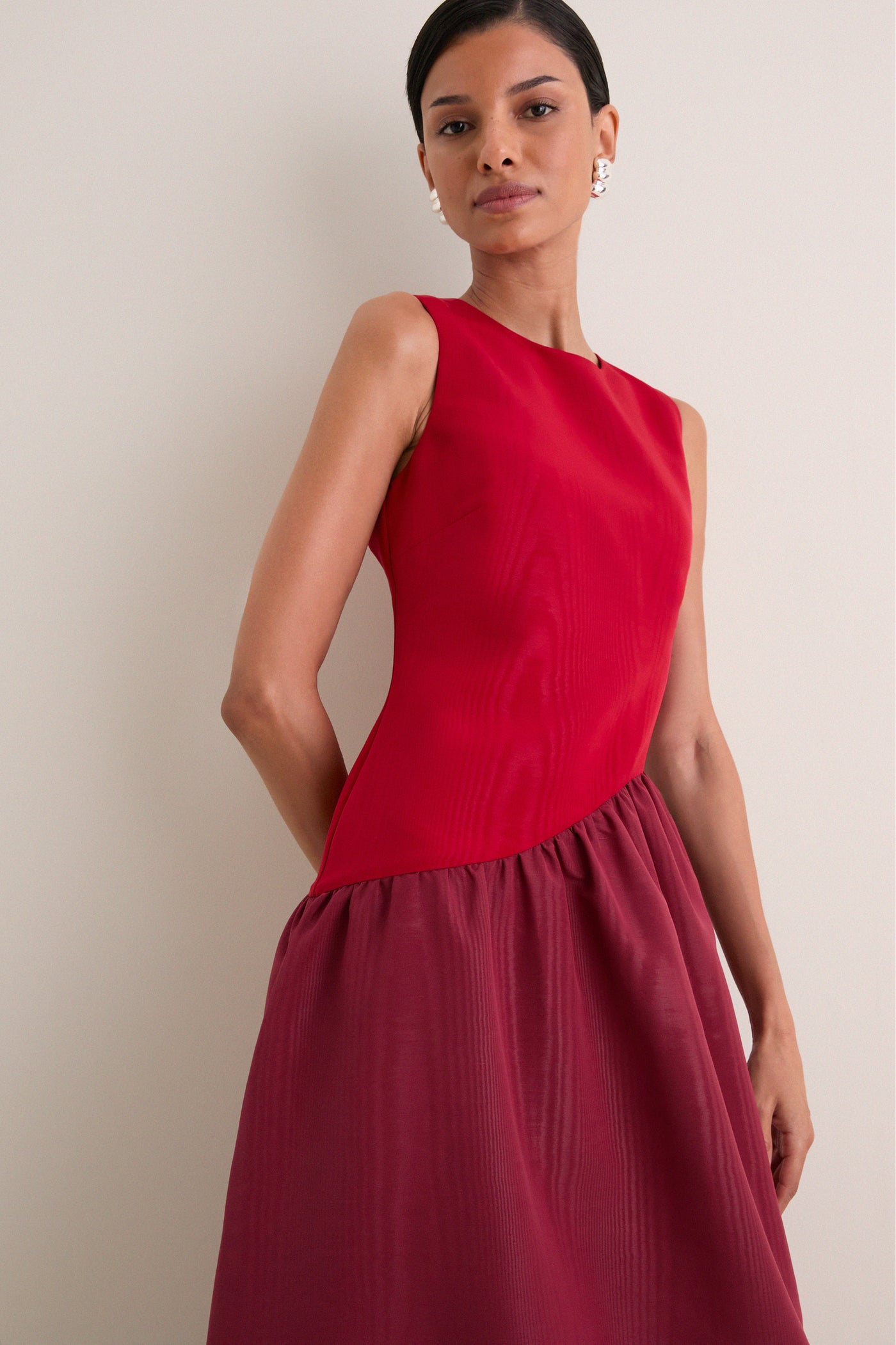 Pomegranate and Bordeaux Laurel Moire Midi Dress