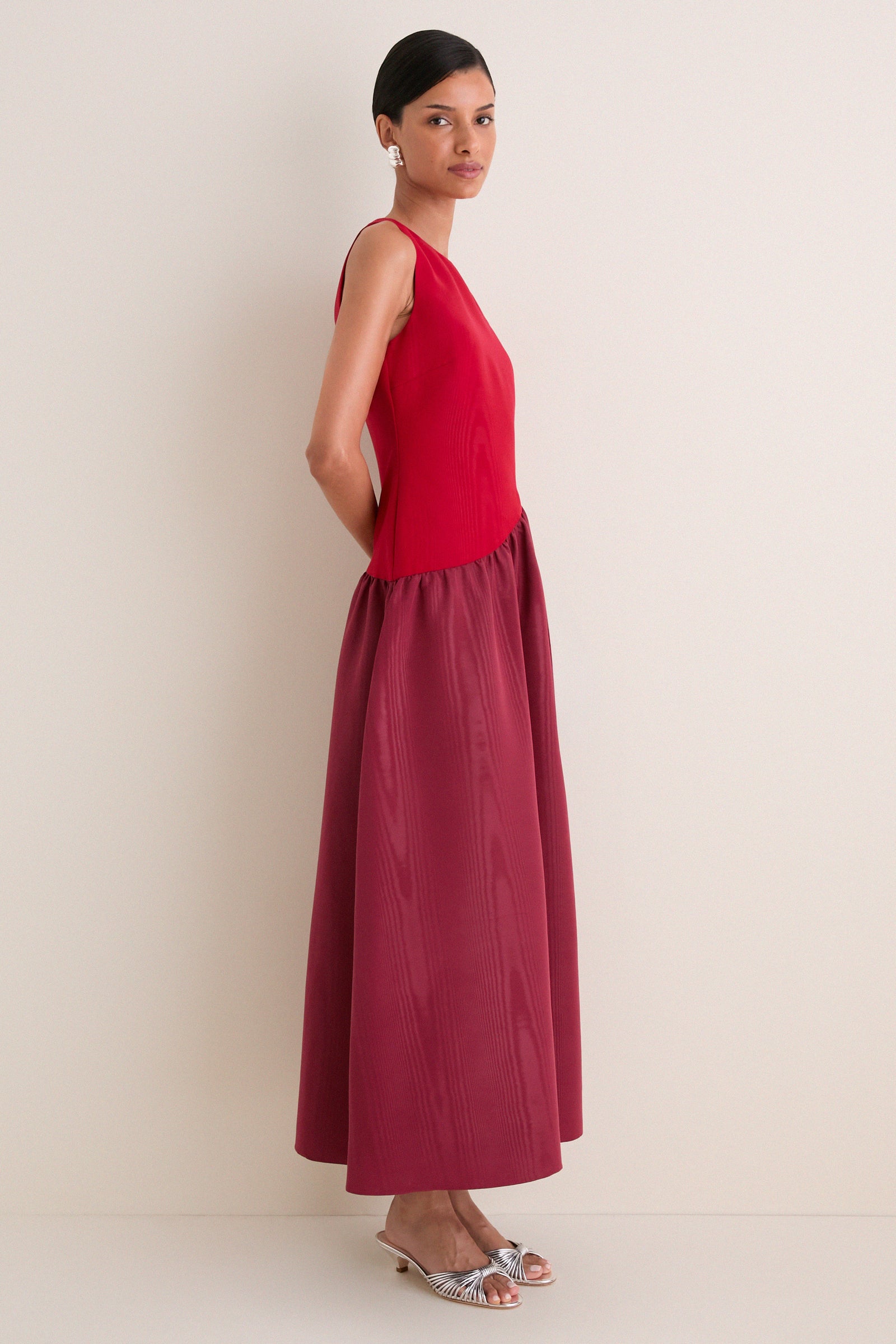 Pomegranate and Bordeaux Laurel Moire Midi Dress