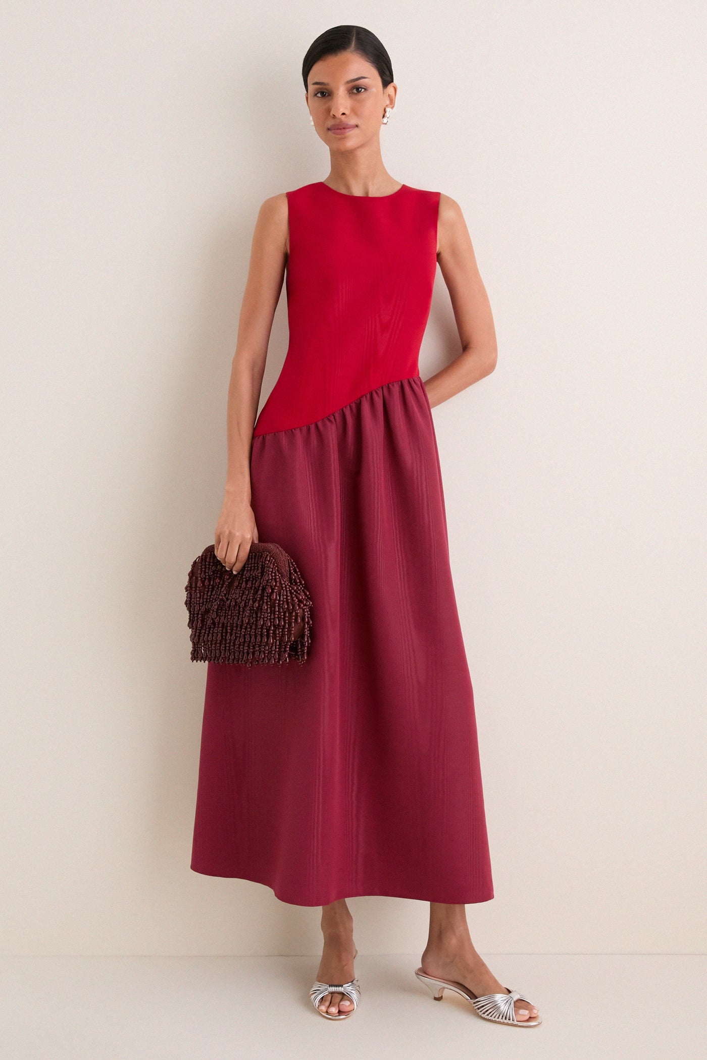 Pomegranate and Bordeaux Laurel Moire Midi Dress