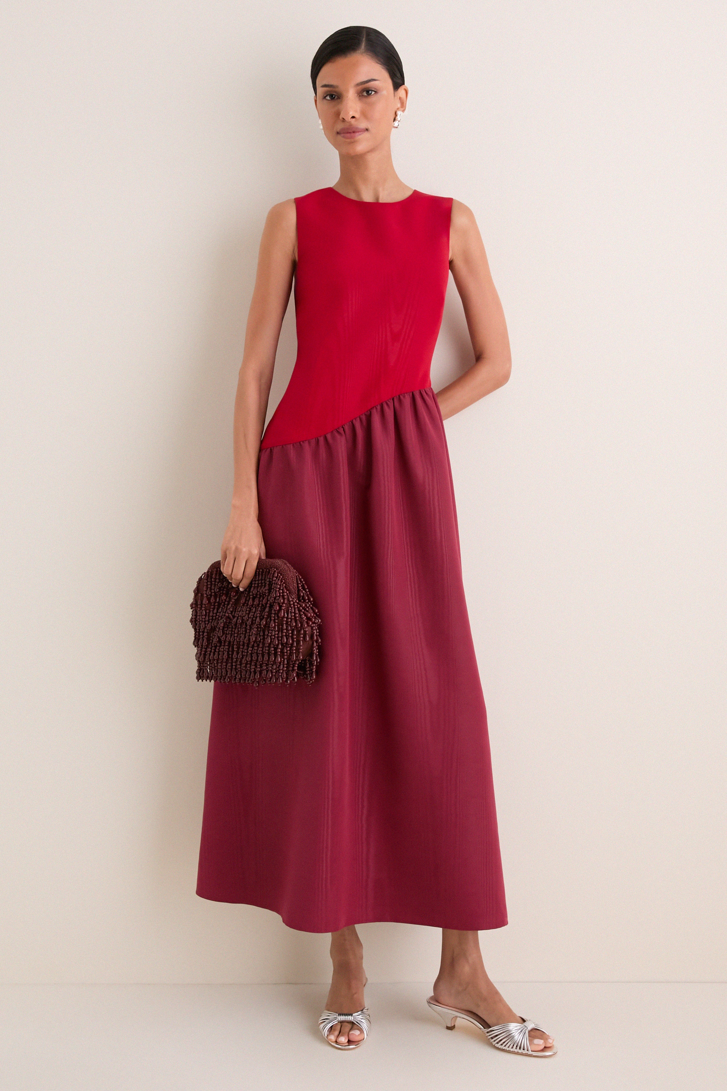 Pomegranate and Bordeaux Laurel Moire Midi Dress