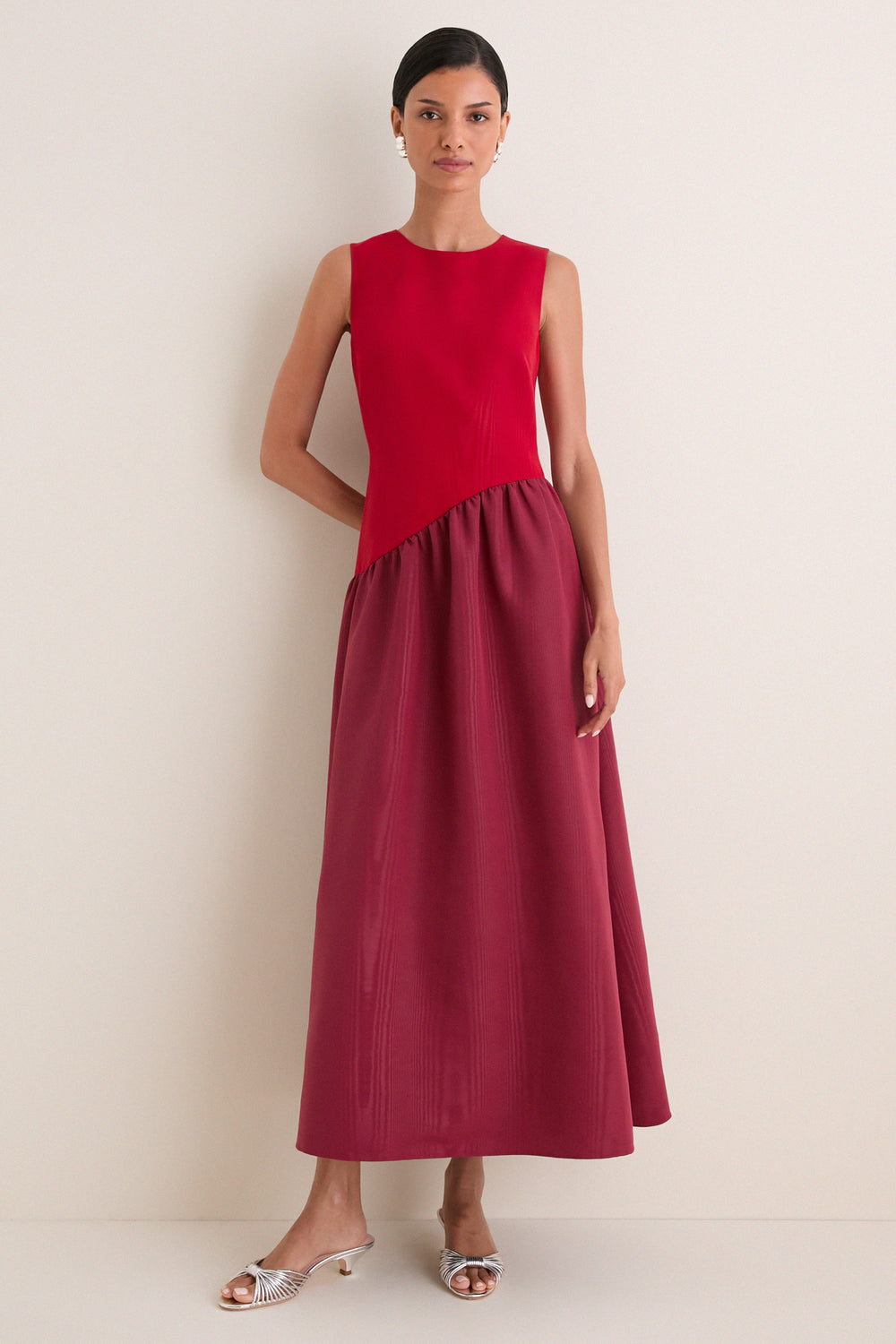 Pomegranate and Bordeaux Laurel Moire Midi Dress