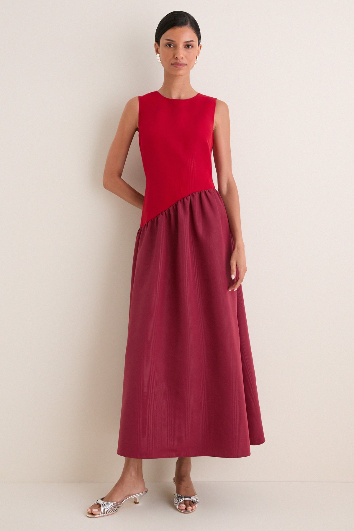 Pomegranate and Bordeaux Laurel Moire Midi Dress