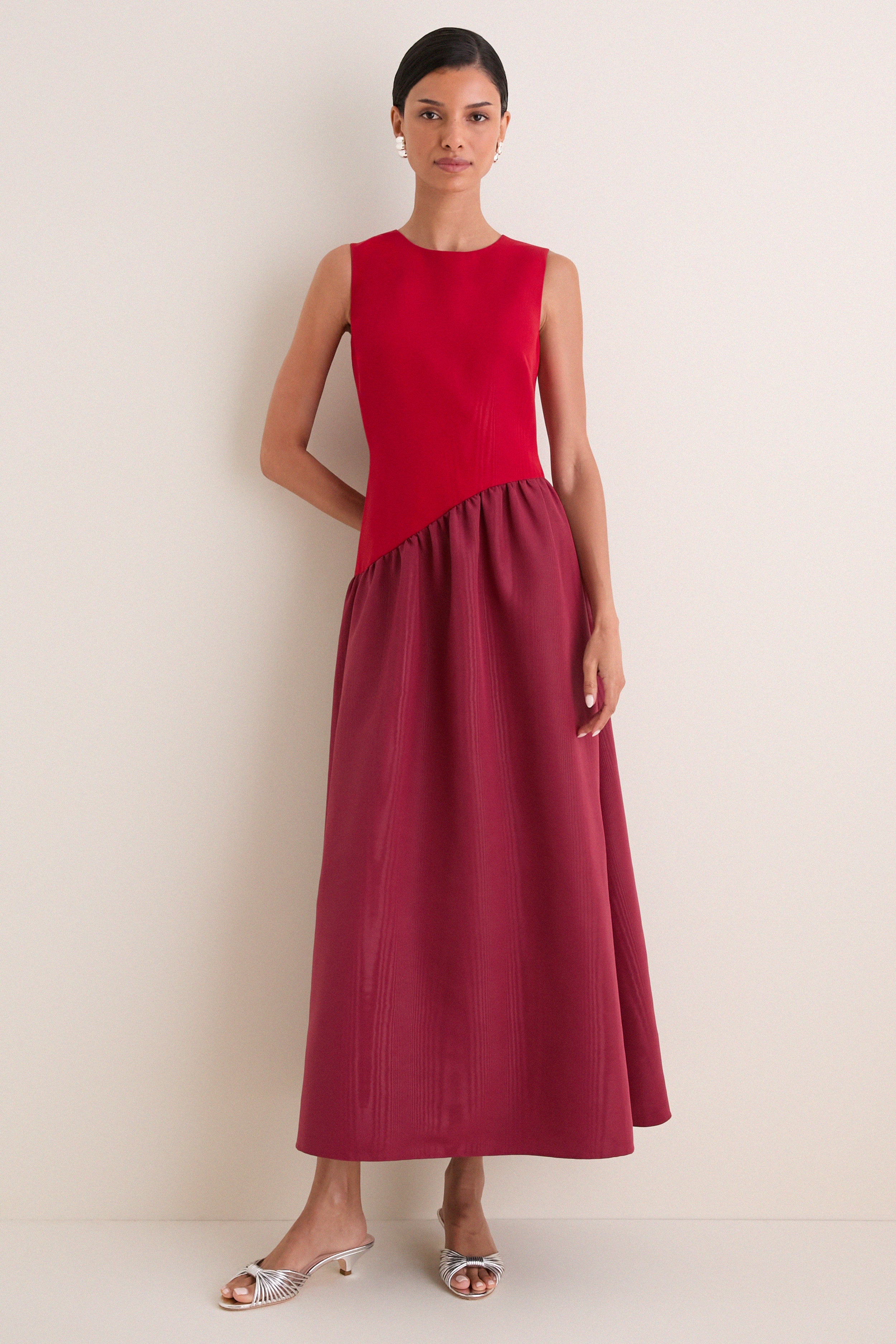 Pomegranate and Bordeaux Laurel Moire Midi Dress