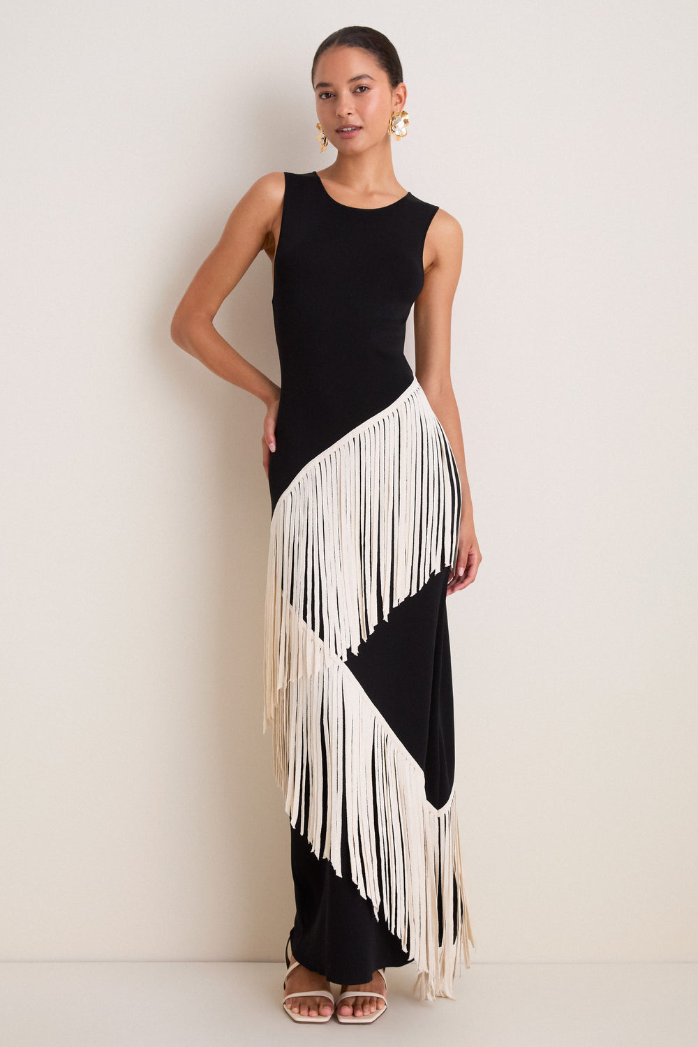 Black and Macadamia Spiral Knit Fringe Maxi Dress