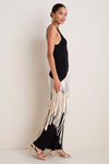 Black and Macadamia Spiral Knit Fringe Maxi Dress