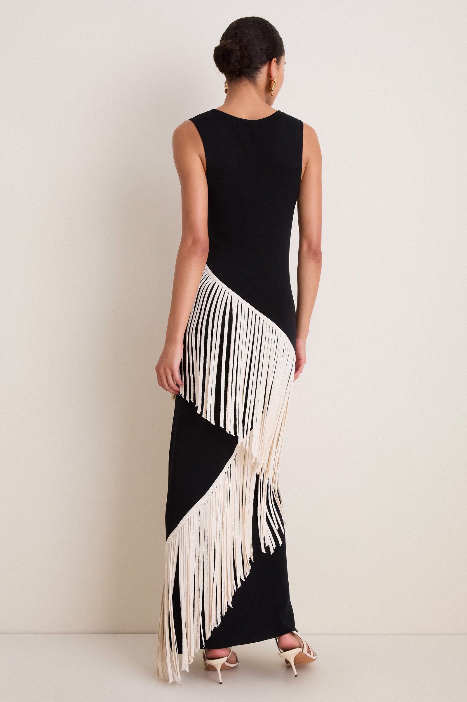 Black and Macadamia Spiral Knit Fringe Maxi Dress