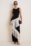 Black and Macadamia Spiral Knit Fringe Maxi Dress