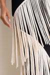 Black and Macadamia Spiral Knit Fringe Maxi Dress