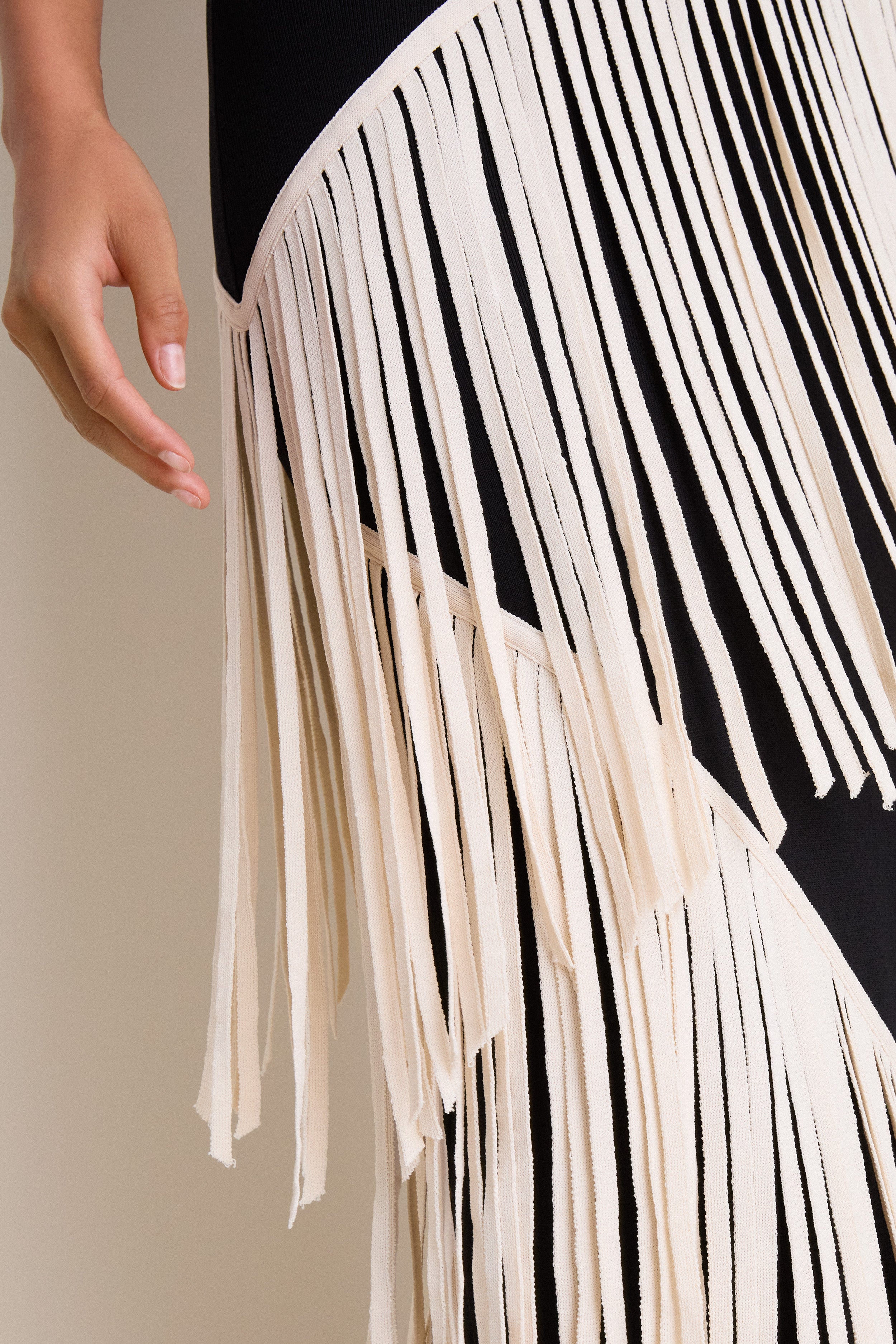 Black and Macadamia Spiral Knit Fringe Maxi Dress