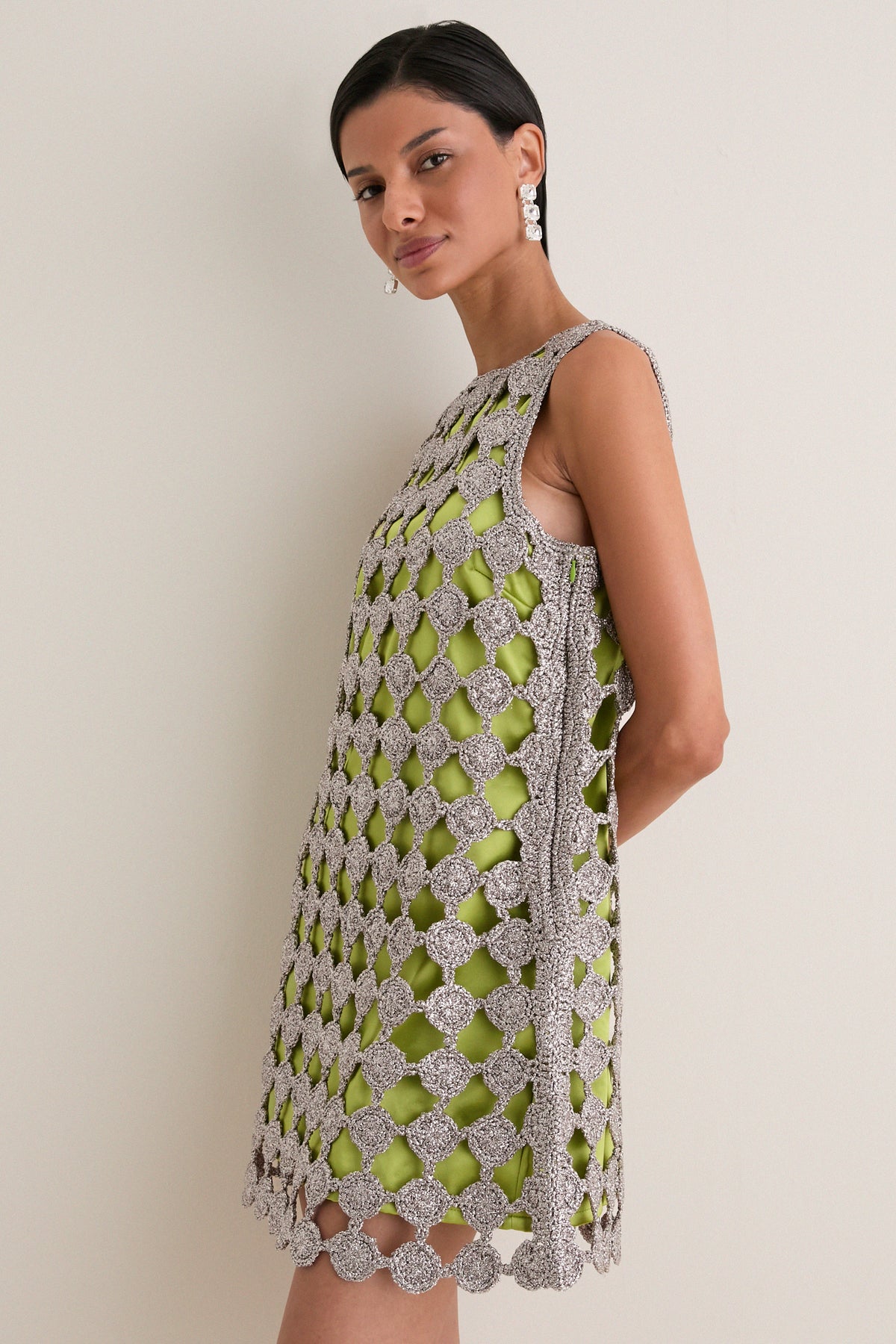 Moss and Satellite Silver Sina Crochet Mini Dress