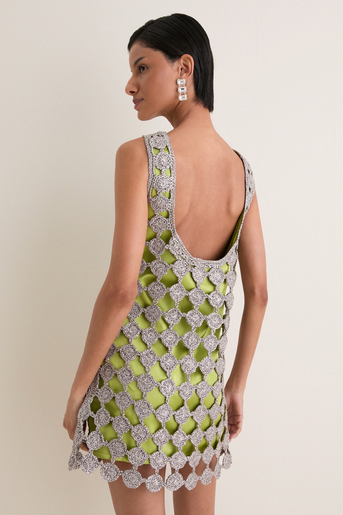 Moss and Satellite Silver Sina Crochet Mini Dress