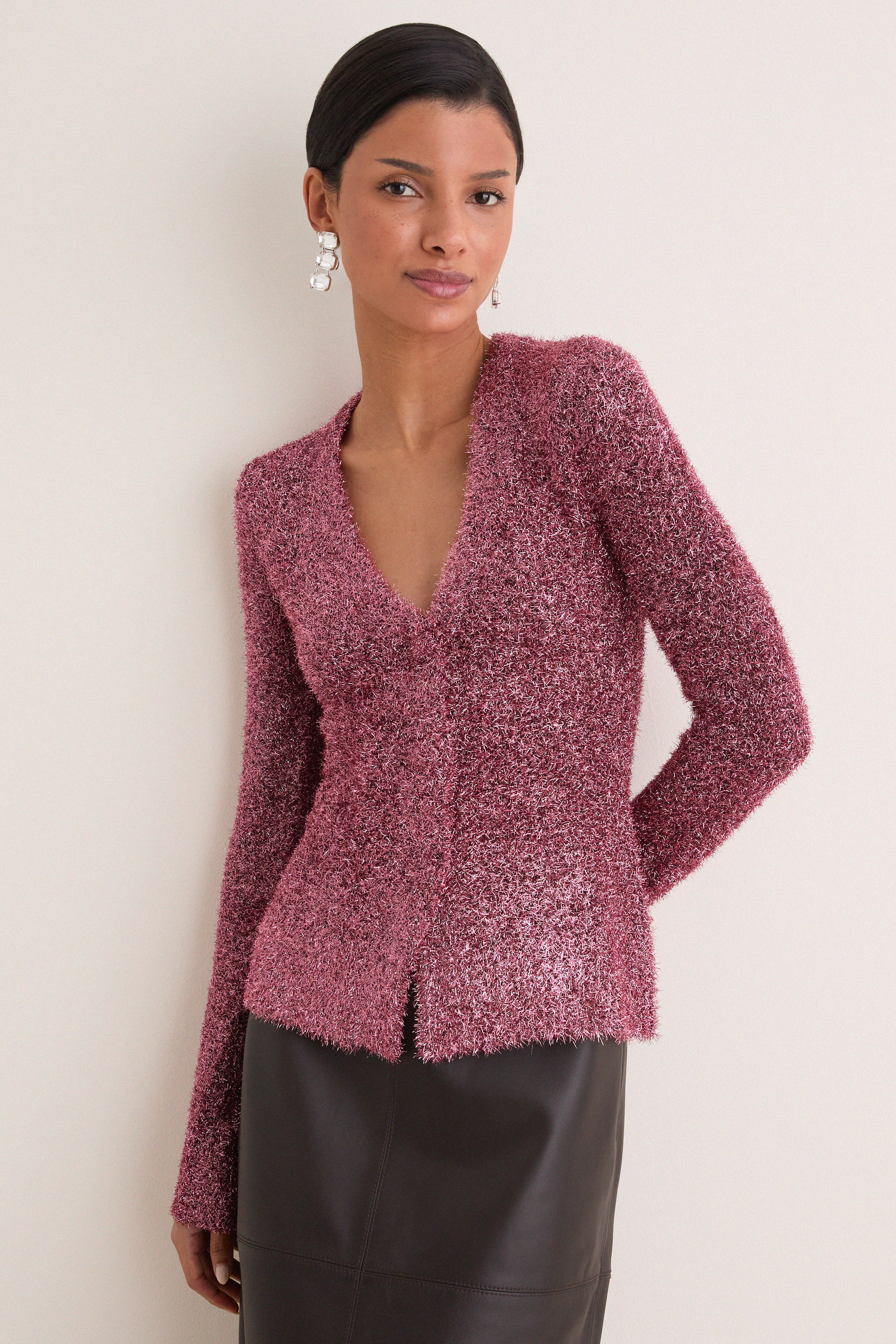 トップス Shimmer Knit Peplum Cardigan rose Metallic Pink Briar Tinsel Knit Cardigan | SIMONMILLER
