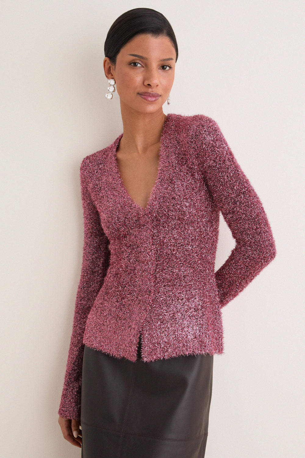 Metallic Pink Briar Tinsel Knit Cardigan
