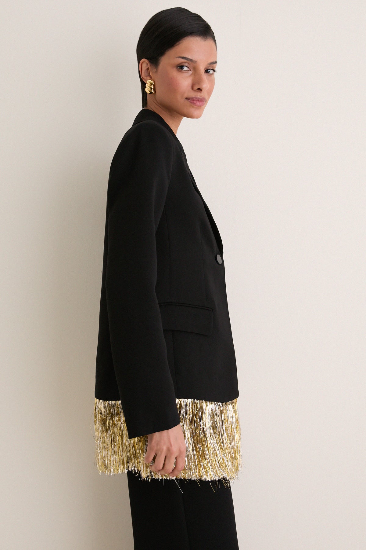 Black Odette Crepe Fringe Blazer