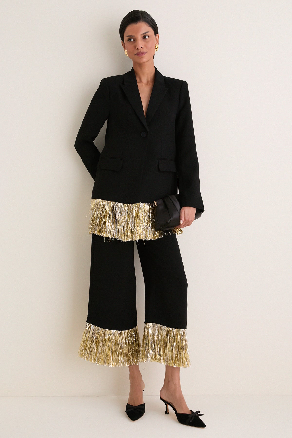 Black Odette Crepe Fringe Blazer