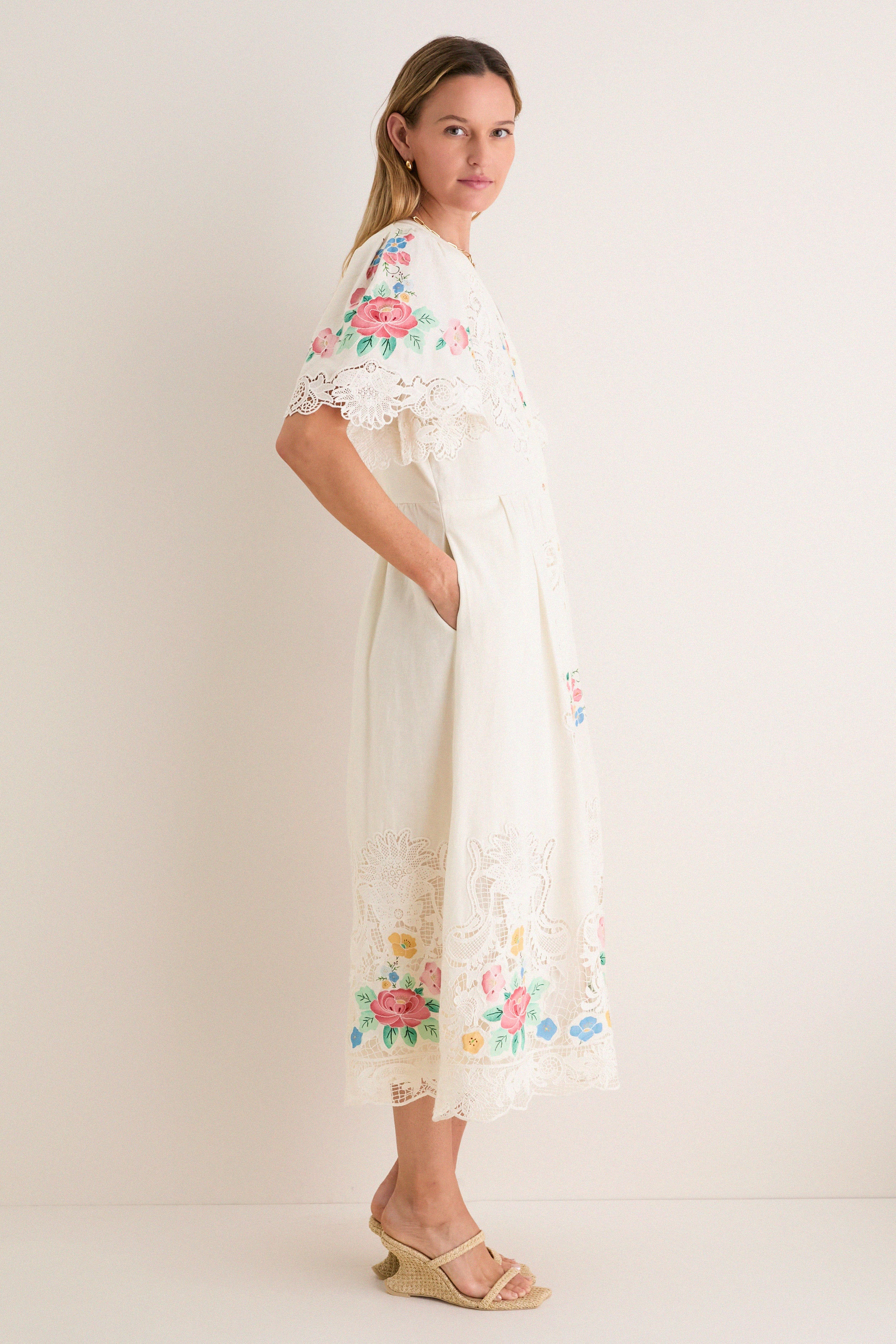 Multi Astrid Embroidery Short Sleeve Midi Dress
