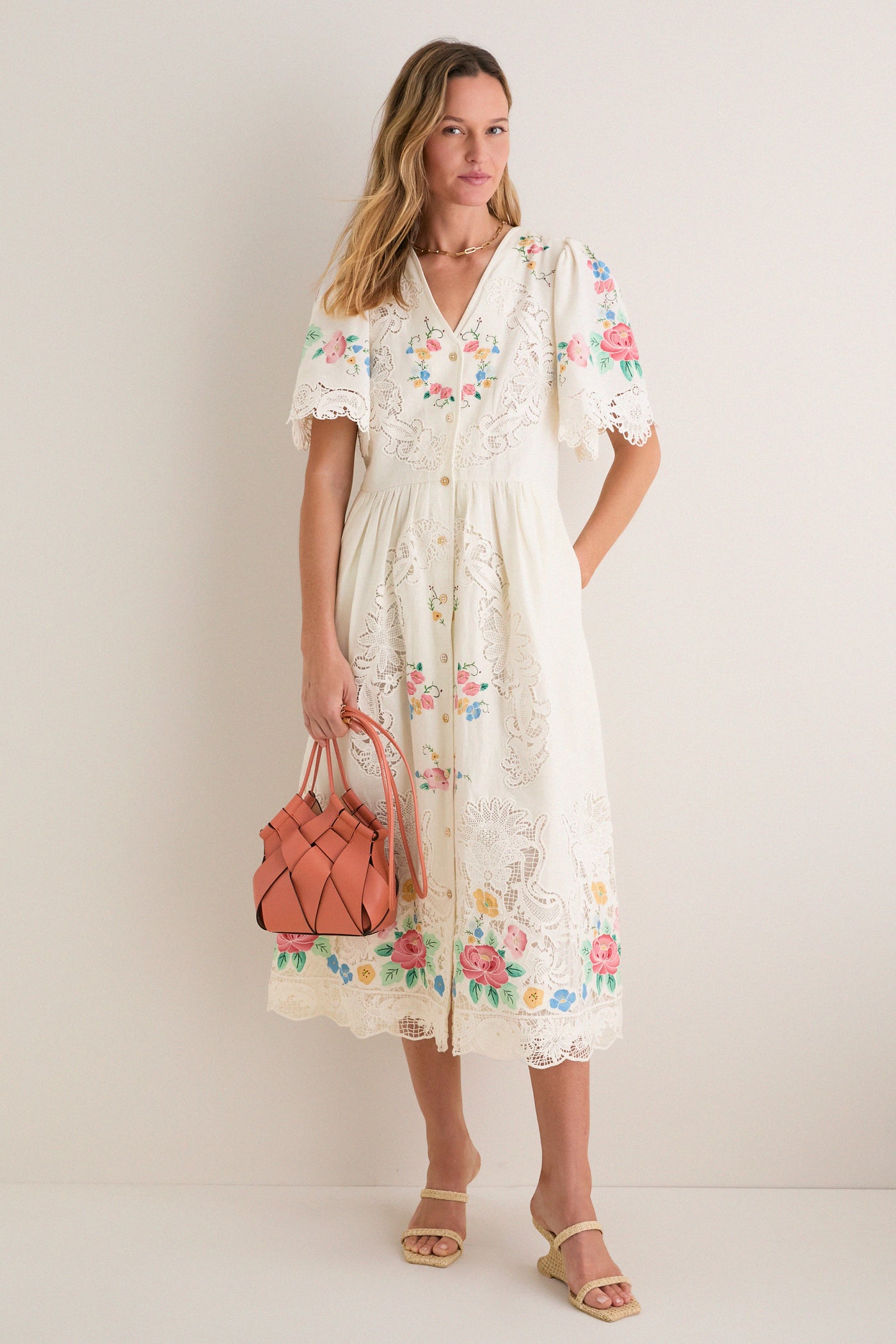 Multi Astrid Embroidery Short Sleeve Midi Dress