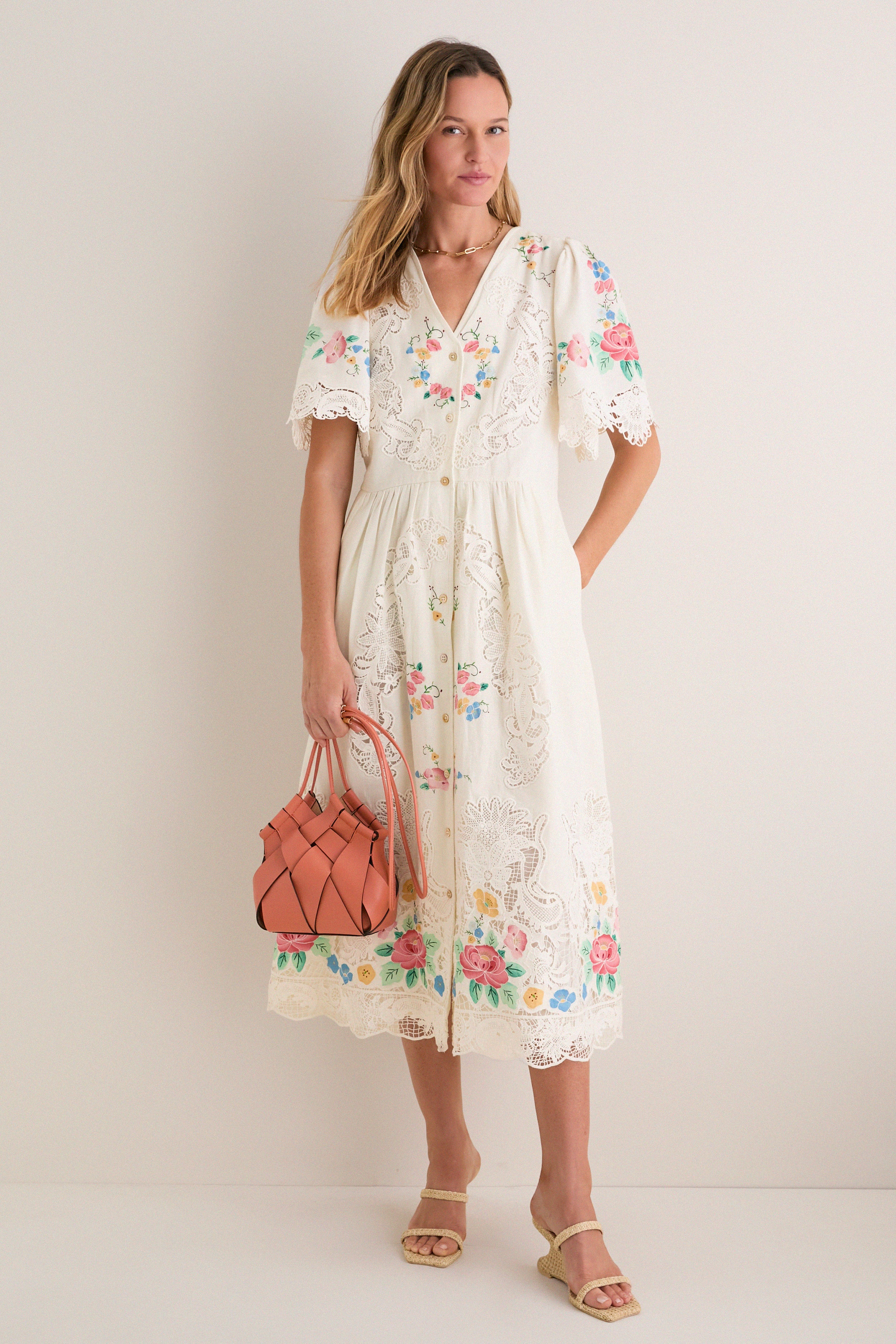Multi Astrid Embroidery Short Sleeve Midi Dress