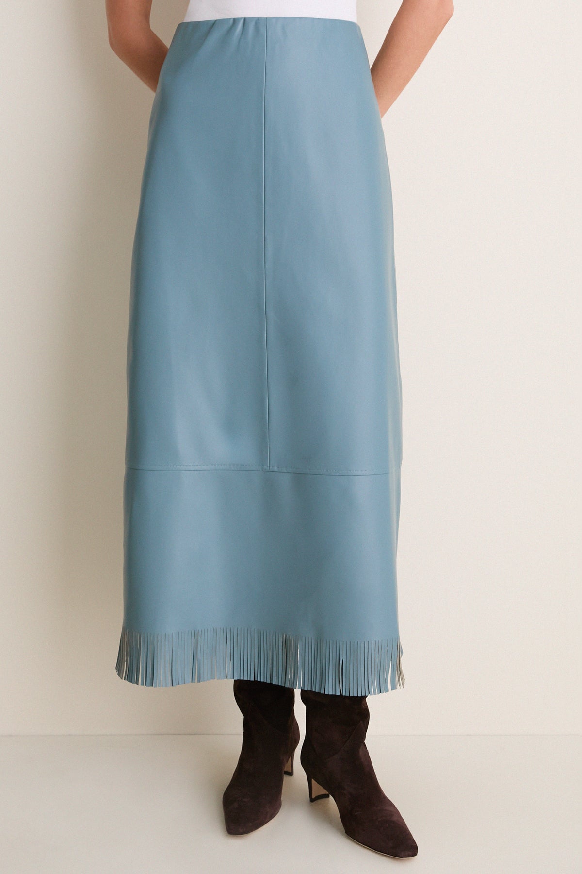Light Blue Leather Wright Fringe Midi Skirt