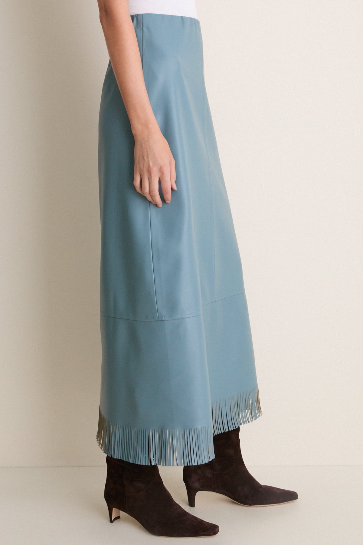 Light Blue Leather Wright Fringe Midi Skirt