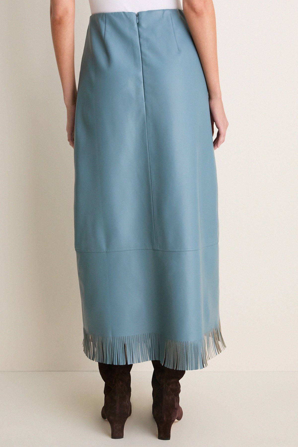 Light Blue Leather Wright Fringe Midi Skirt