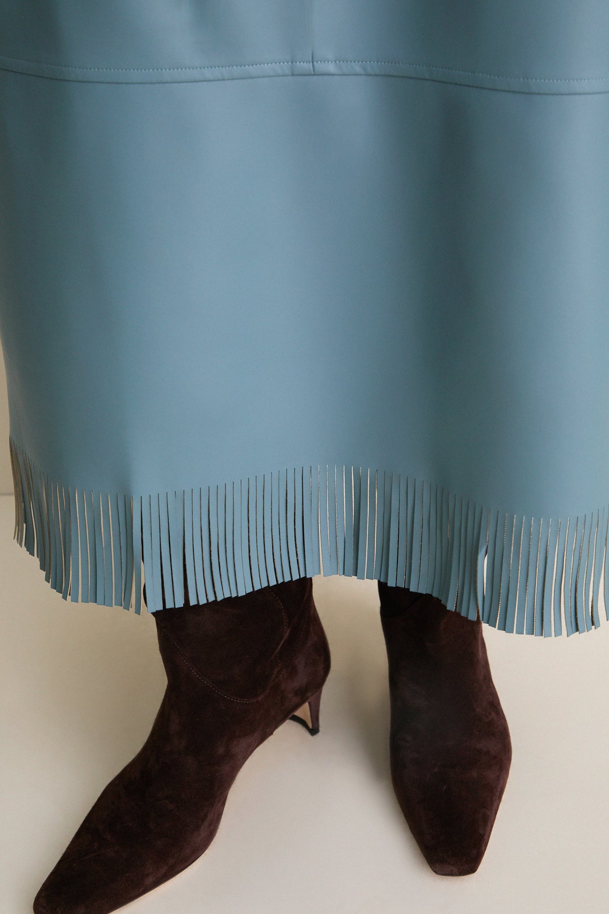 Light Blue Leather Wright Fringe Midi Skirt
