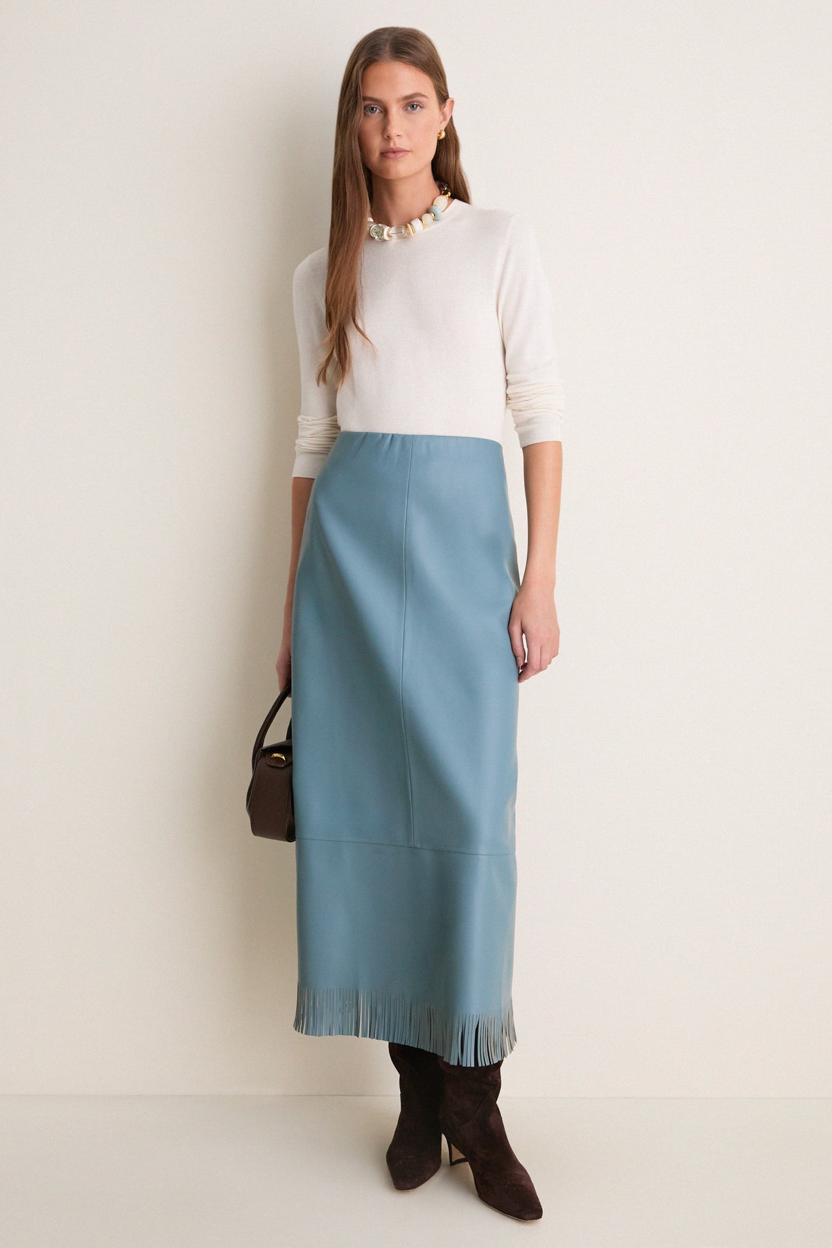 Light Blue Leather Wright Fringe Midi Skirt